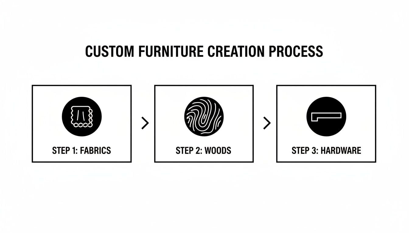 Infographic illustrating the three-step custom furniture creation process: fabrics, woods, and hardware selection.