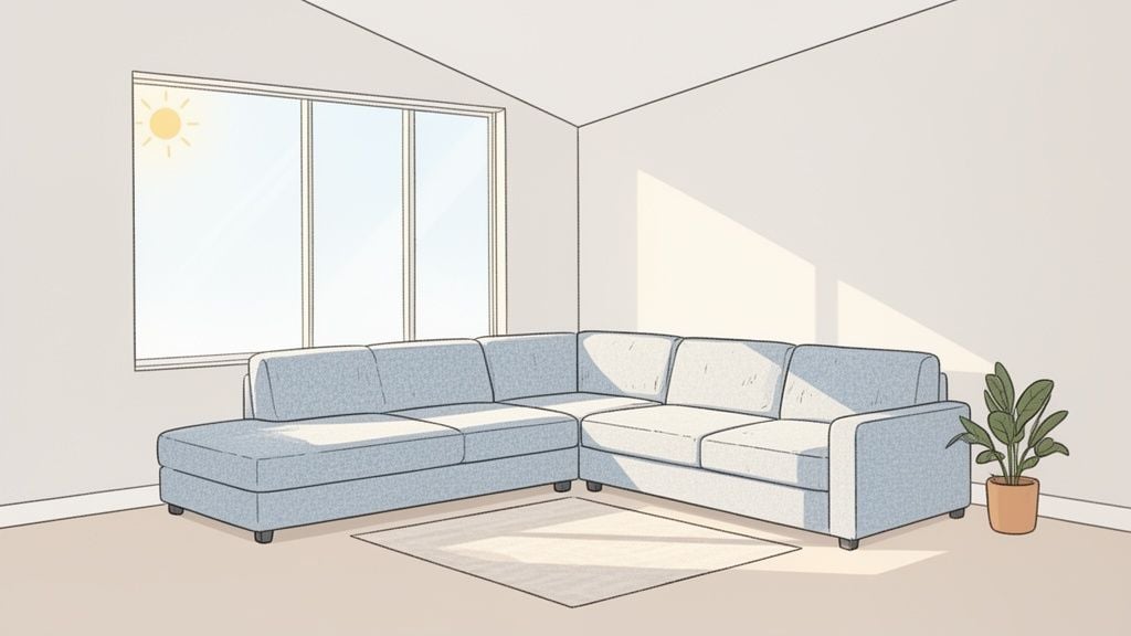 A minimalist living room with a light blue sectional sofa, large window, and potted plant.