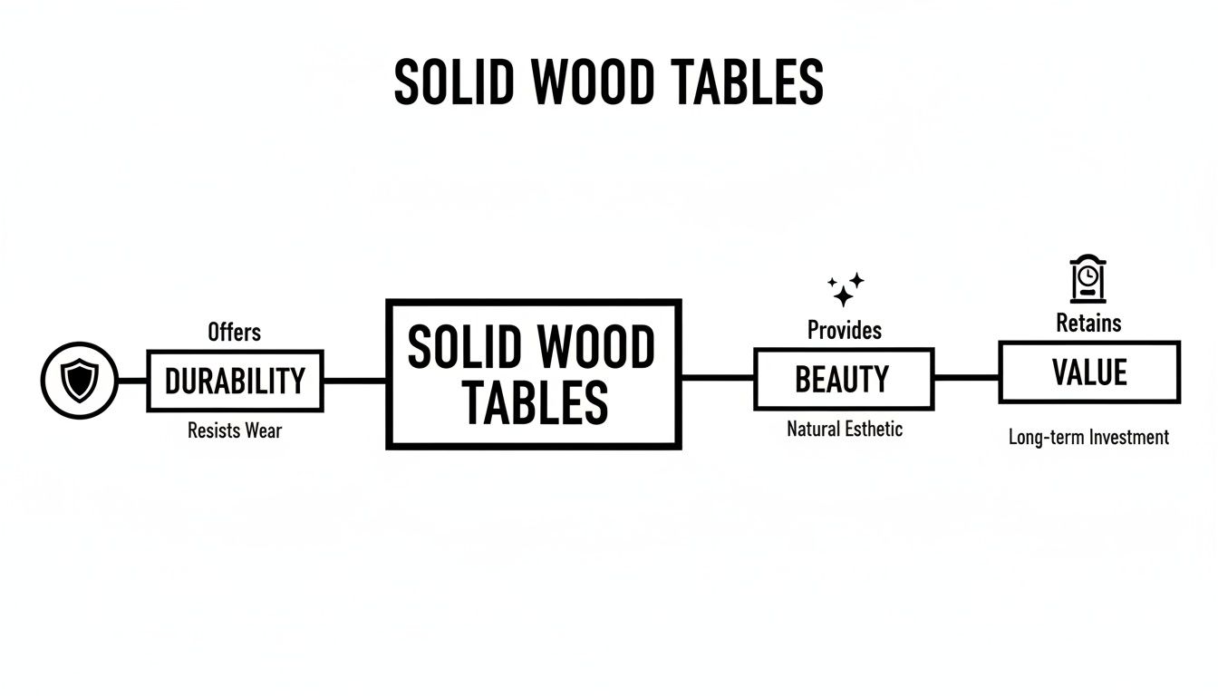 A diagram illustrating the key benefits of solid wood tables: durability, natural beauty, and long-term value.
