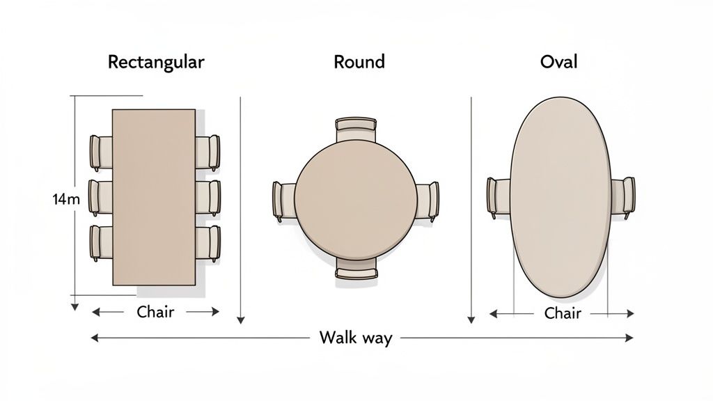 Overhead comparison of rectangular, round, and oval dining tables, showing chair placement and layout dimensions.