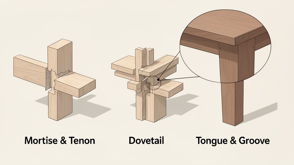 Three detailed illustrations of different wood joinery techniques: Mortise and Tenon, Dovetail, and Tongue and Groove.