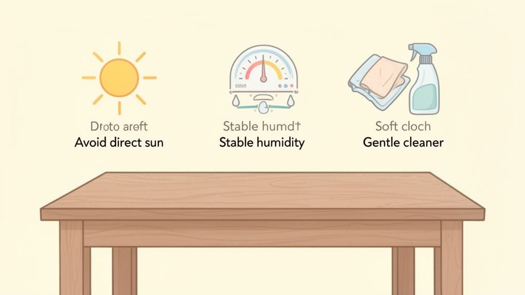 Three illustrations show furniture care tips: avoid direct sun, maintain stable humidity, and use gentle cleaner.