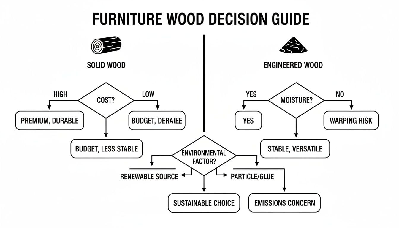 Flowchart guiding furniture wood selection based on cost, moisture, and environmental factors for solid vs. engineered wood.