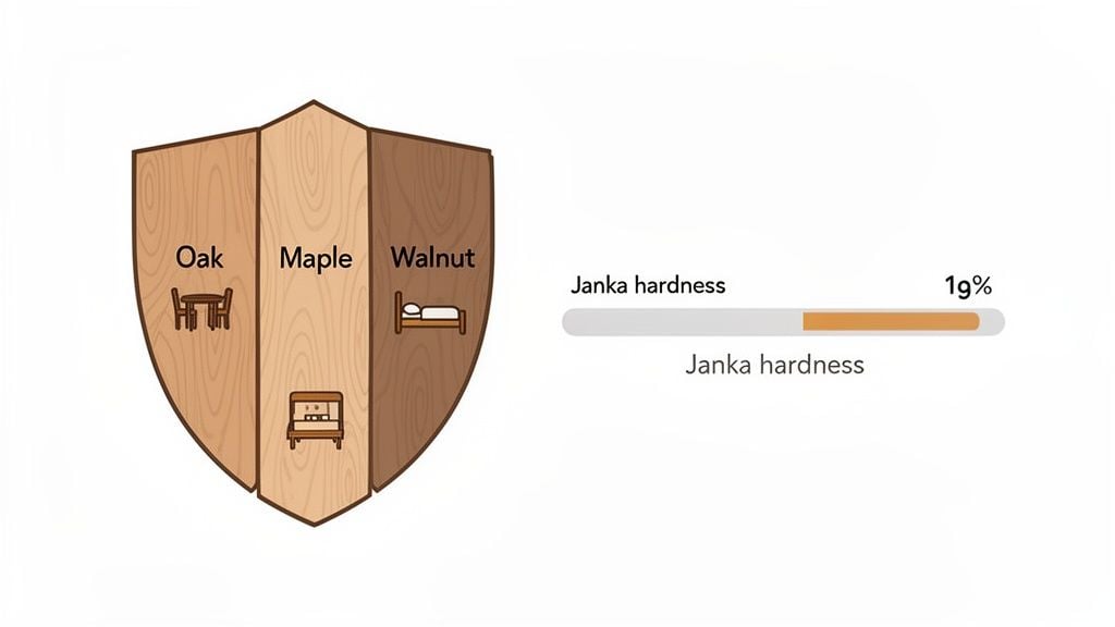 A shield-shaped graphic showcasing Oak, Maple, and Walnut wood types with furniture icons, beside a Janka hardness bar showing 19%.