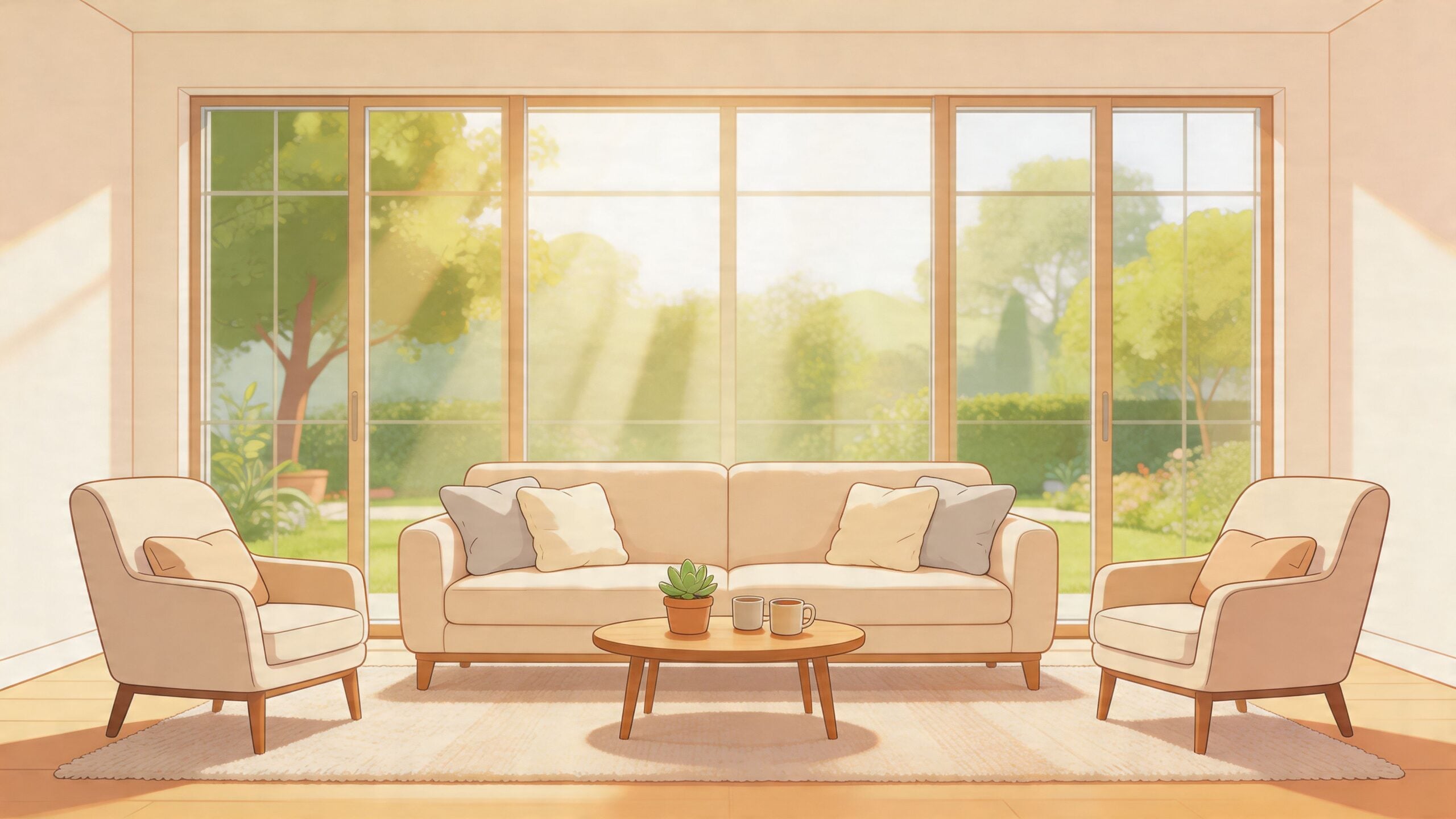 A cozy, sunlit living room featuring a comfortable couch, two armchairs, and a small table with plants.