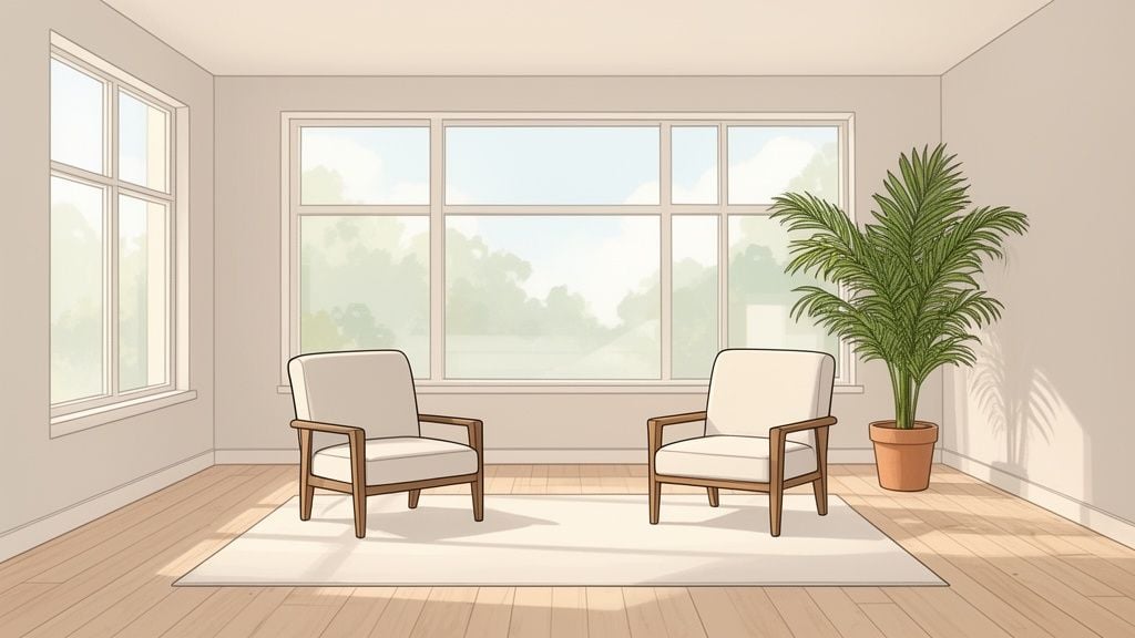 A bright room with two cream armchairs, a large window, a potted plant, and a rug on wooden floor.