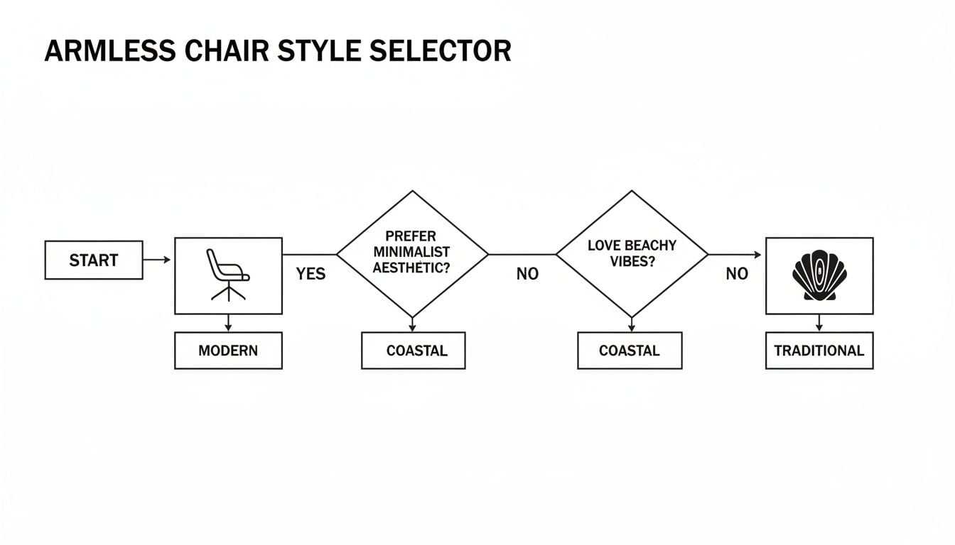 Flowchart for selecting armless chair styles, including Modern, Coastal, and Traditional options.