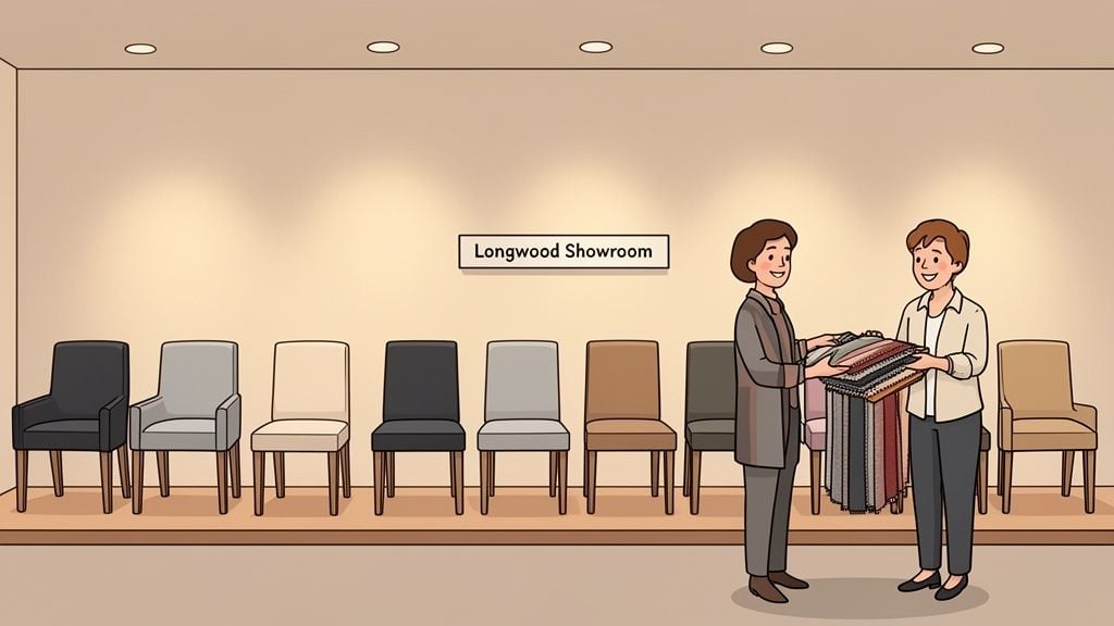 Two women in a Longwood Showroom, one offering fabric samples to the other, with a display of chairs.