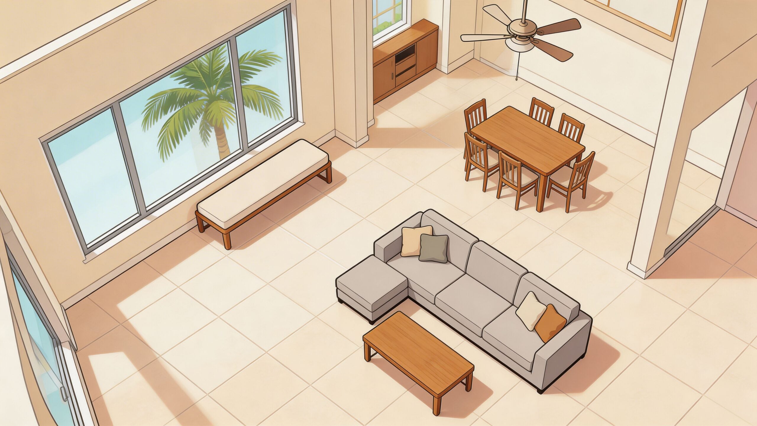 A high-angle view of a modern open-plan living and dining area featuring a sofa and bench seat.