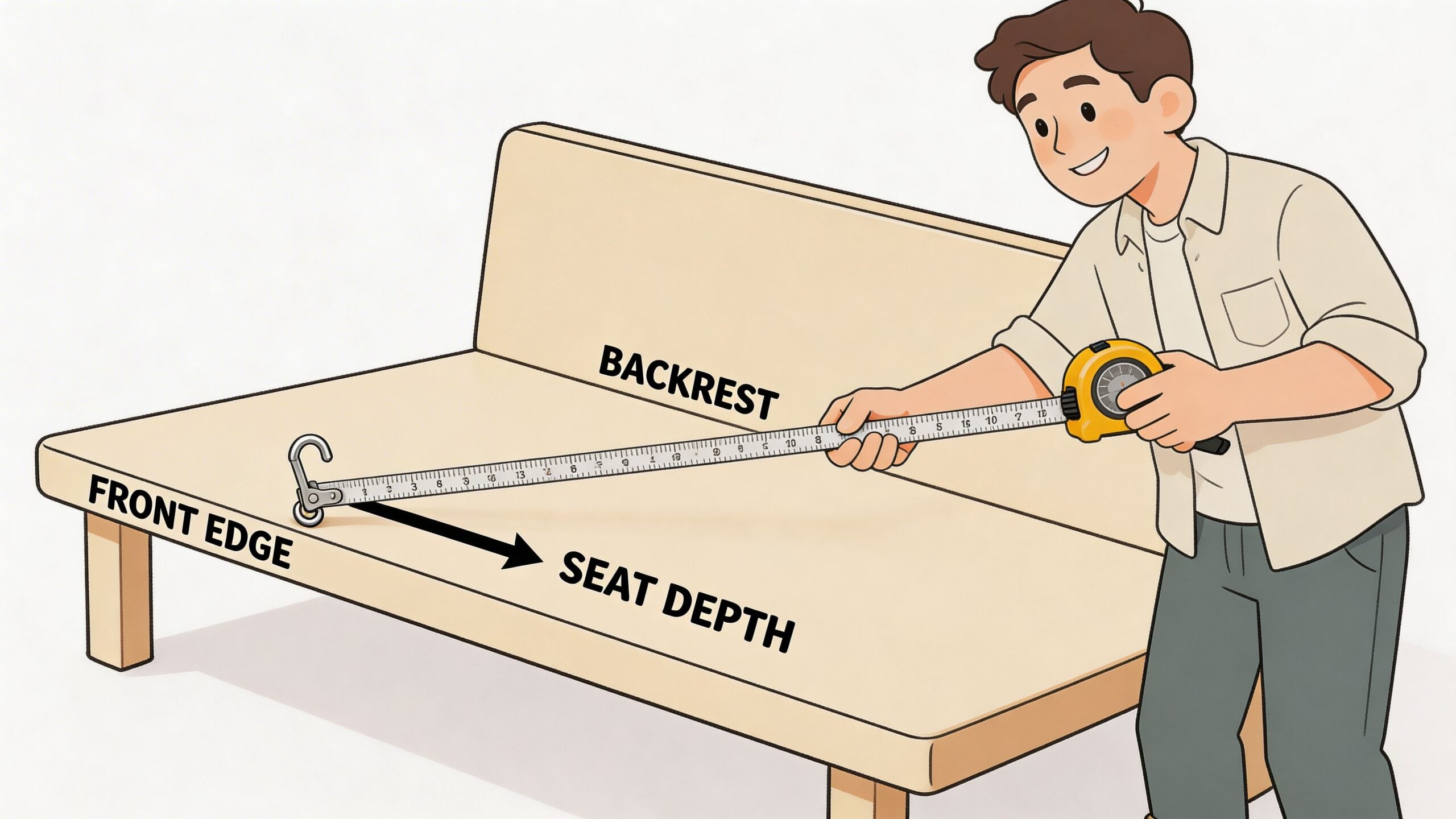 A person using a measuring tape to determine the seat depth of a wooden bench.
