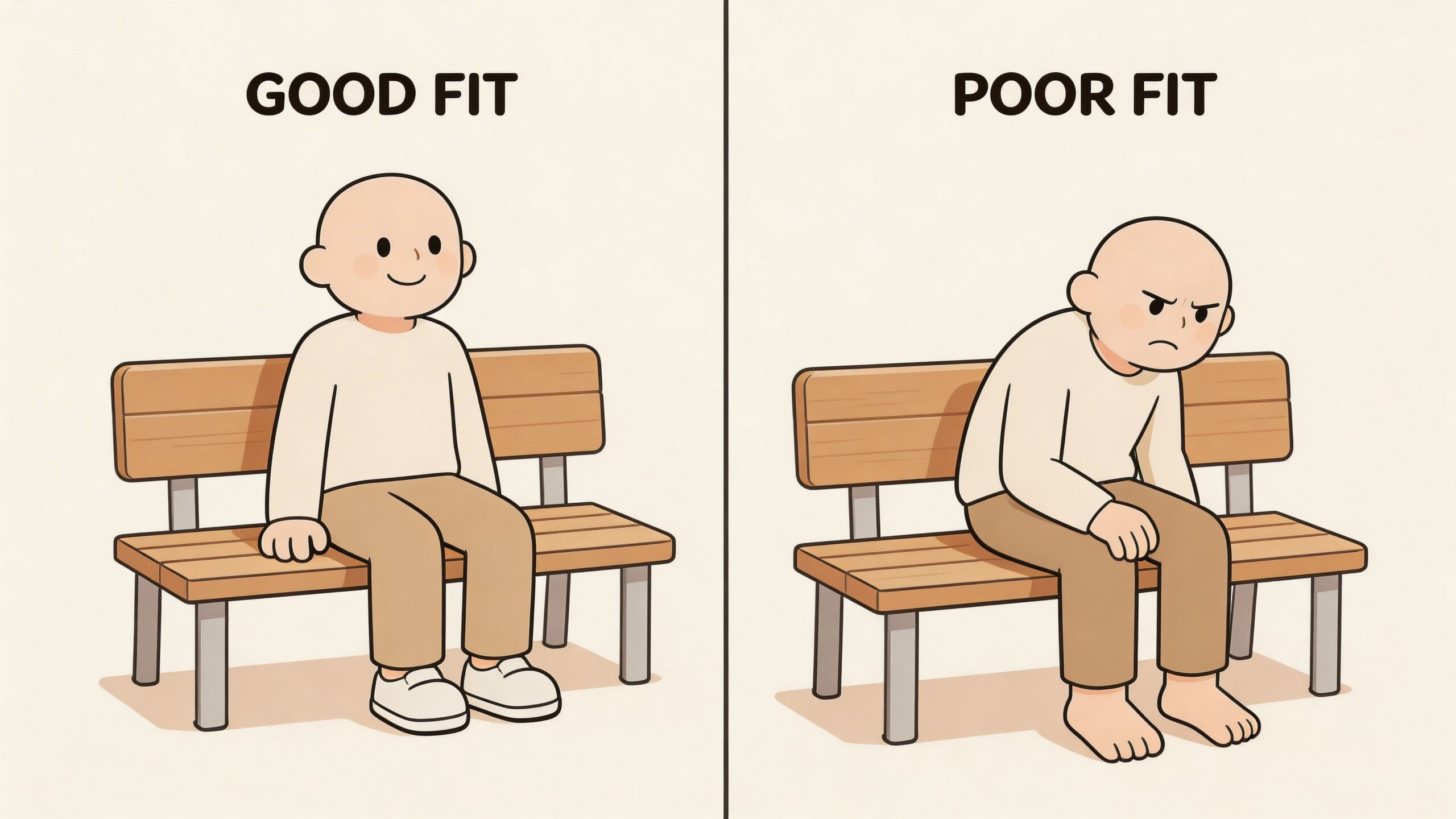 A split image illustration comparing proper and improper sitting posture on a bench, labeled Good Fit vs Poor Fit.