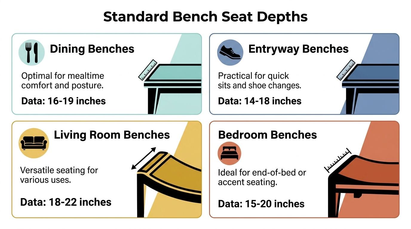 A chart illustrating standard seat depth measurements for dining, entryway, living room, and bedroom benches.