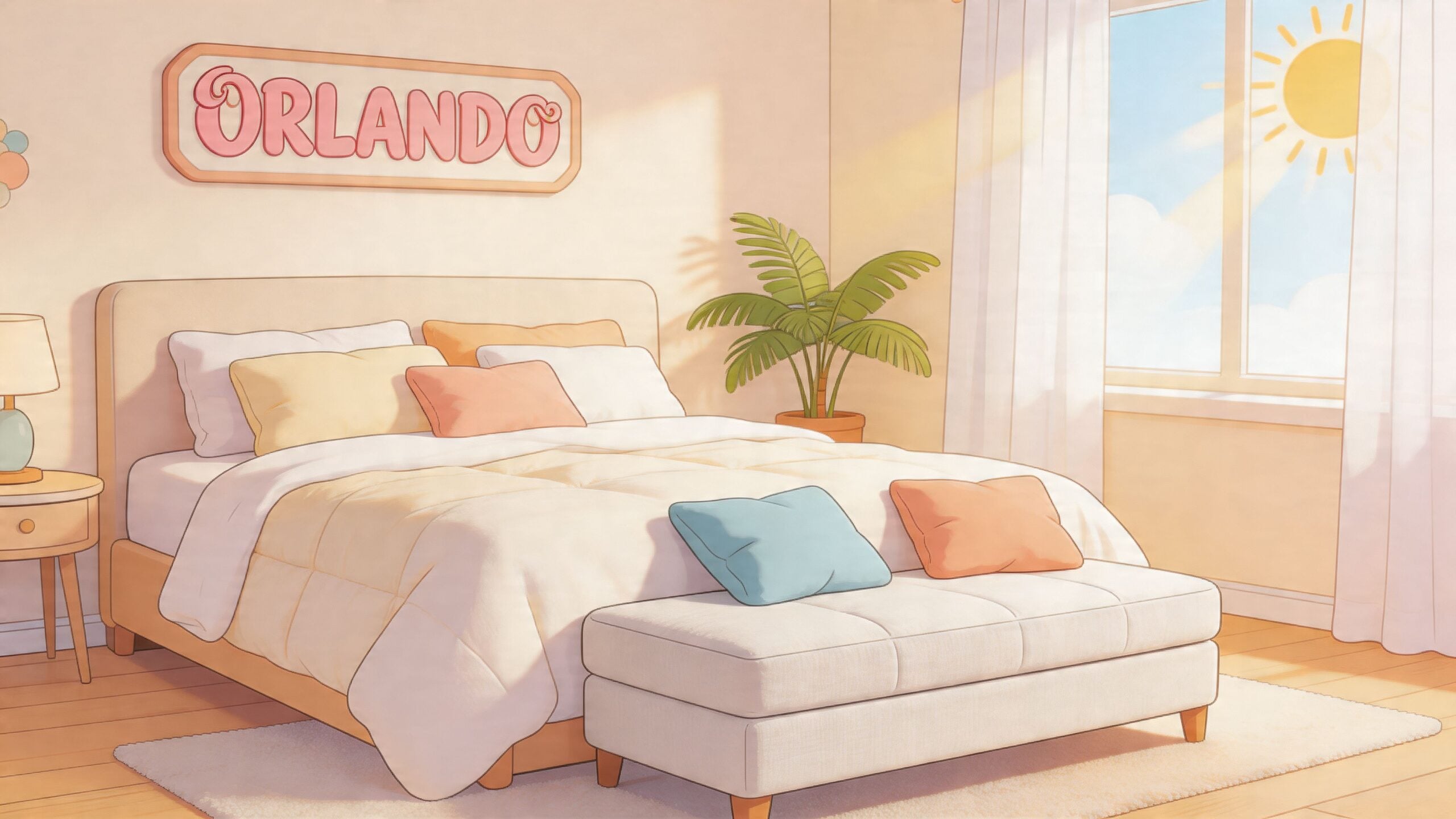 A cozy bedroom with a comfortable bed, a bench seat at the foot, and sunny window view.