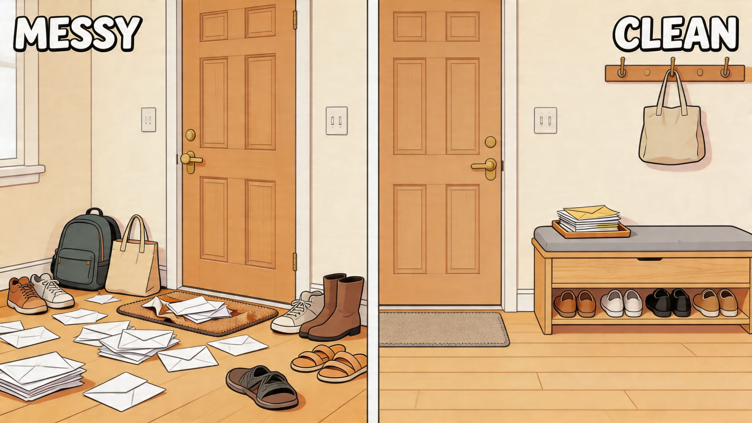 A split image comparing a cluttered, disorganized entryway with a clean, organized hallway featuring a storage bench.