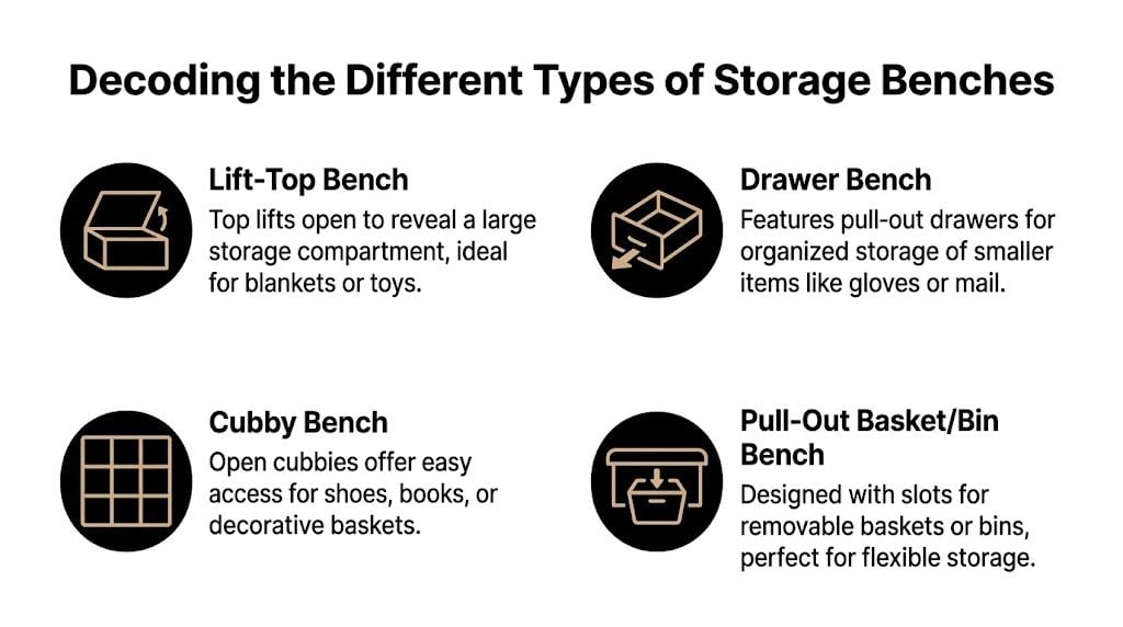 An infographic titled Decoding the Different Types of Storage Benches describing four common bench storage styles.