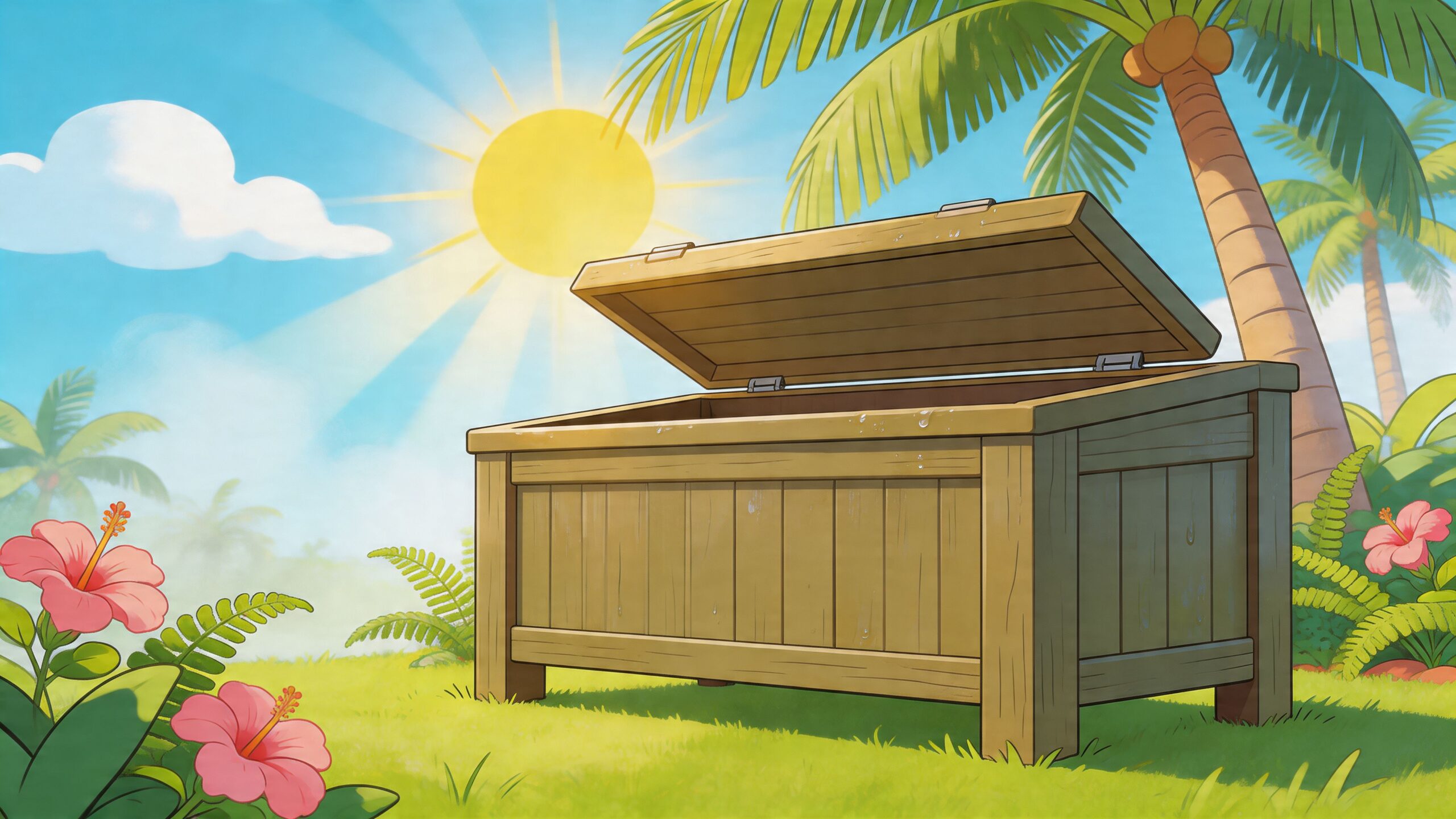 A wooden storage bench sitting on a sunny tropical lawn surrounded by palm trees and bright flowers.