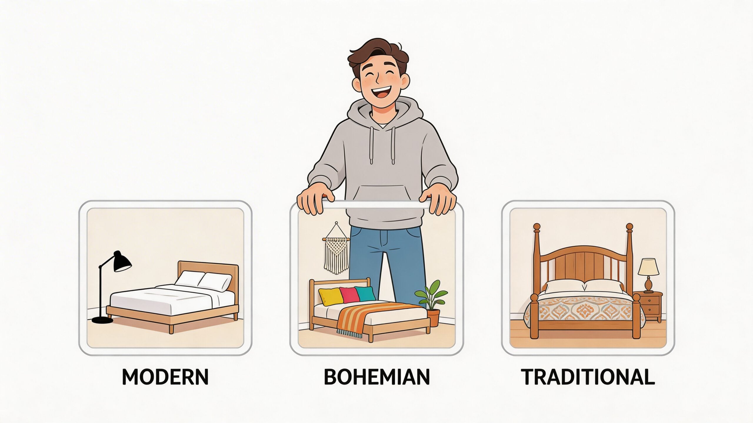 A cartoon man presenting three distinct bedroom furniture styles: modern, bohemian, and traditional, displayed in individual frames.