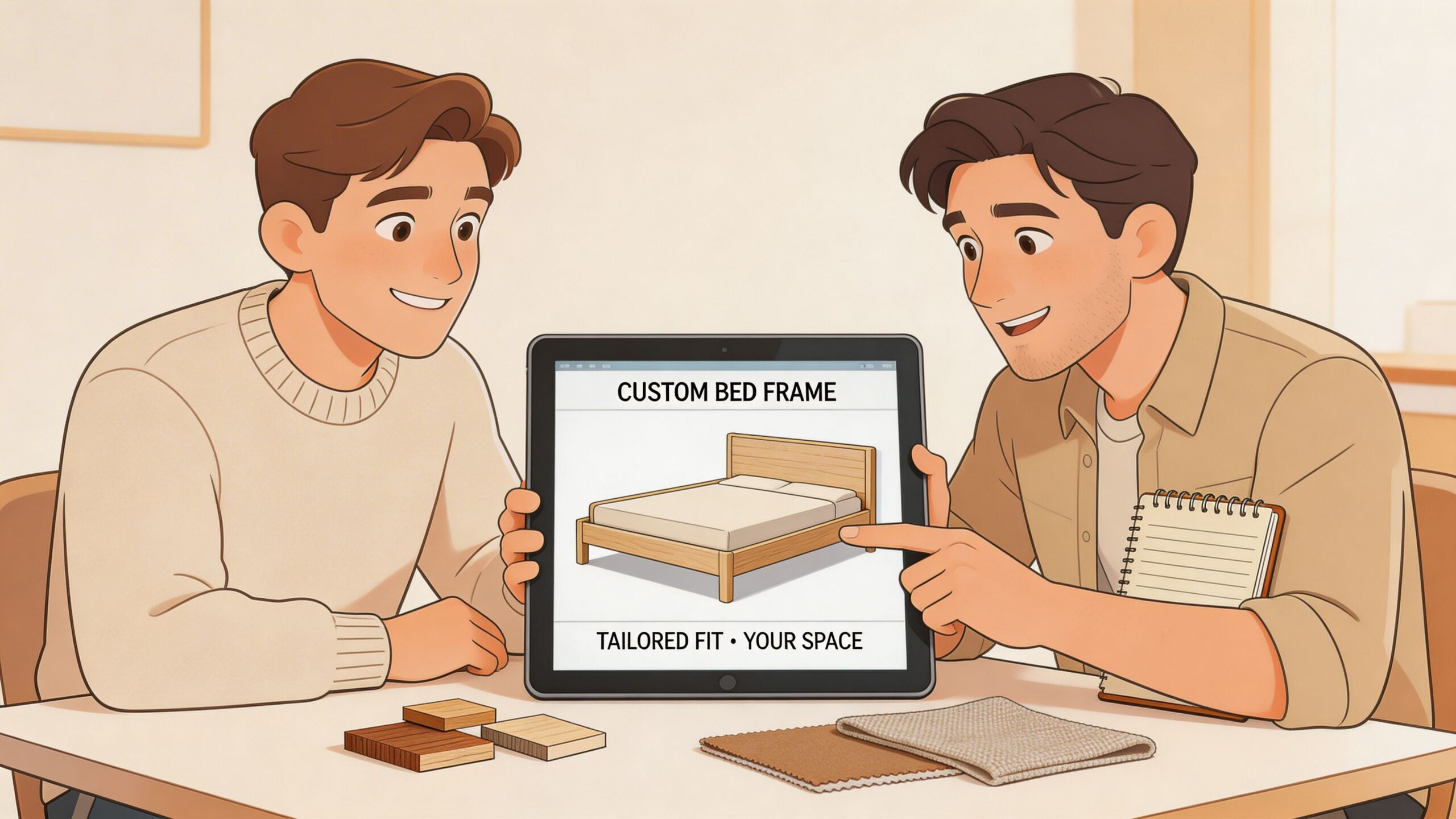 Two men working together at a table planning furniture design with a tablet and material swatches.