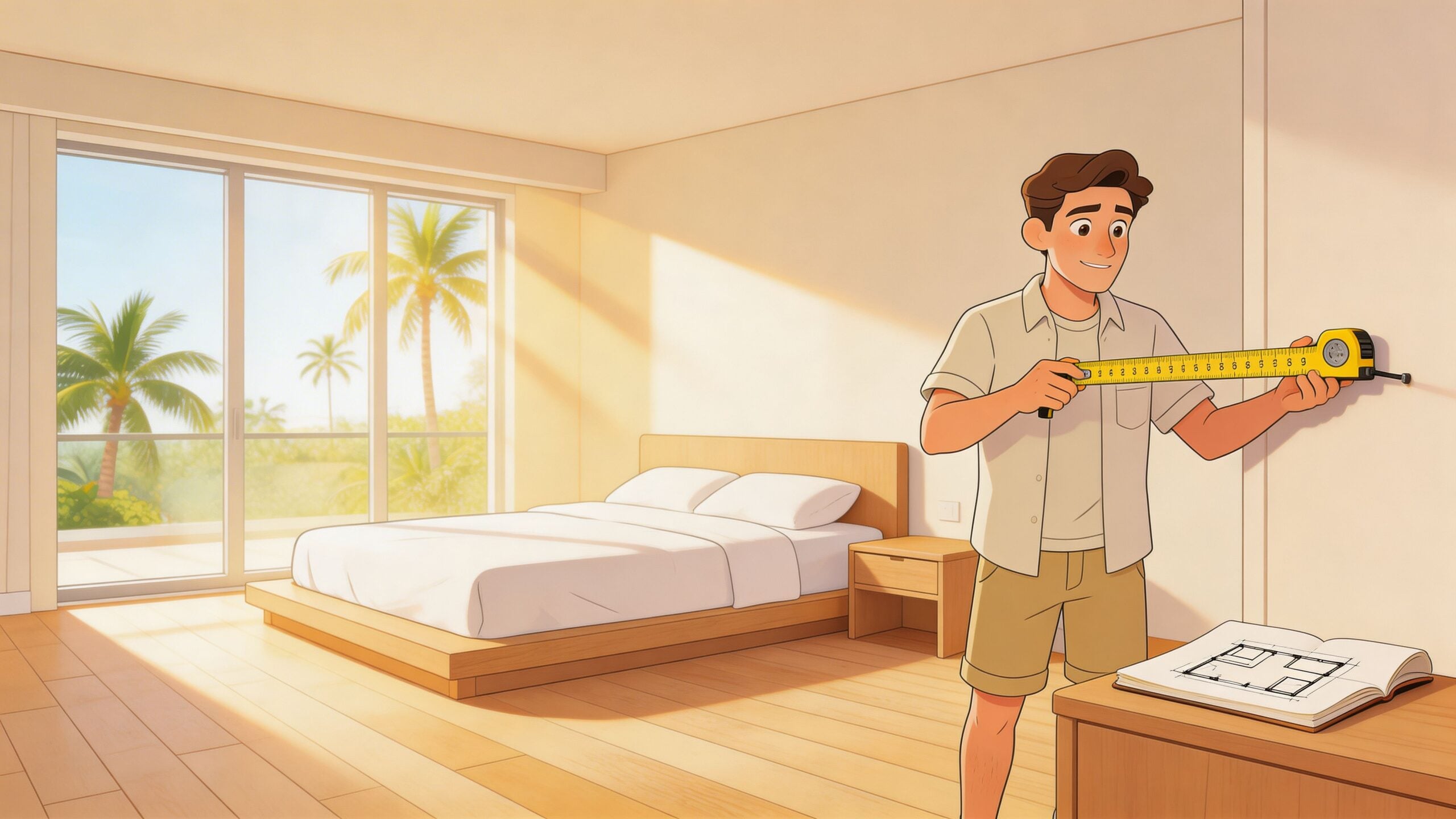A young man measuring a wall in a sunlit bedroom while checking architectural blueprints for furniture placement.