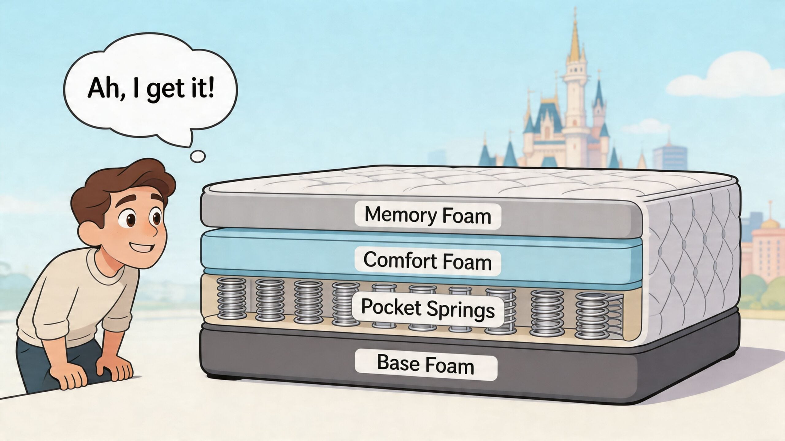 An animated boy looking at a layered hybrid mattress cross-section with labels for foam and pocket springs.