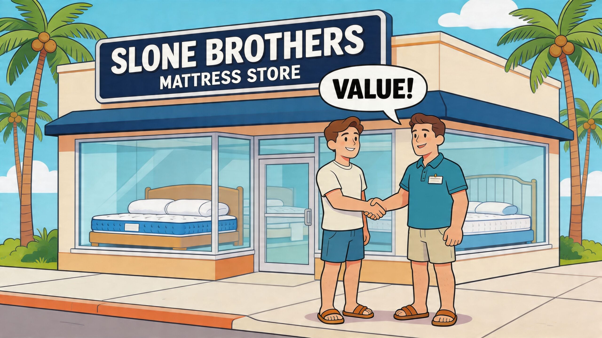 A friendly salesman shaking hands with a customer in front of the Slone Brothers mattress store.