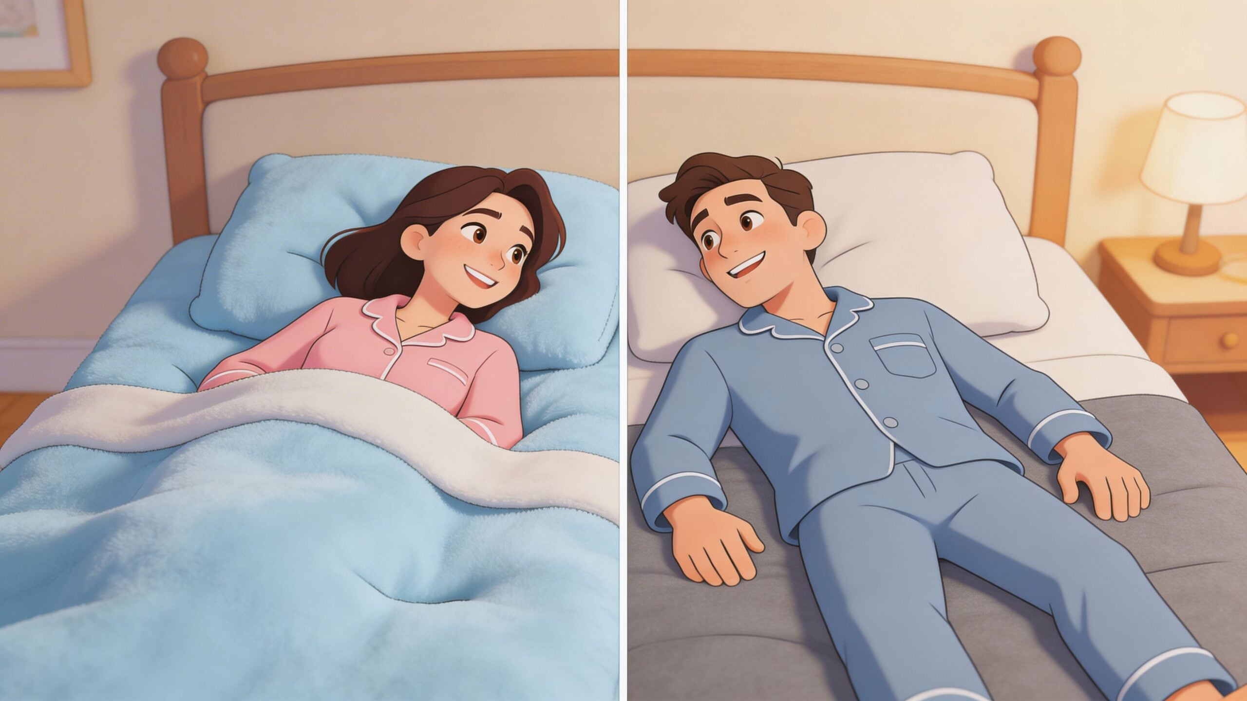 A happy couple lying in their separate beds, smiling at each other in a cozy, softly lit bedroom.