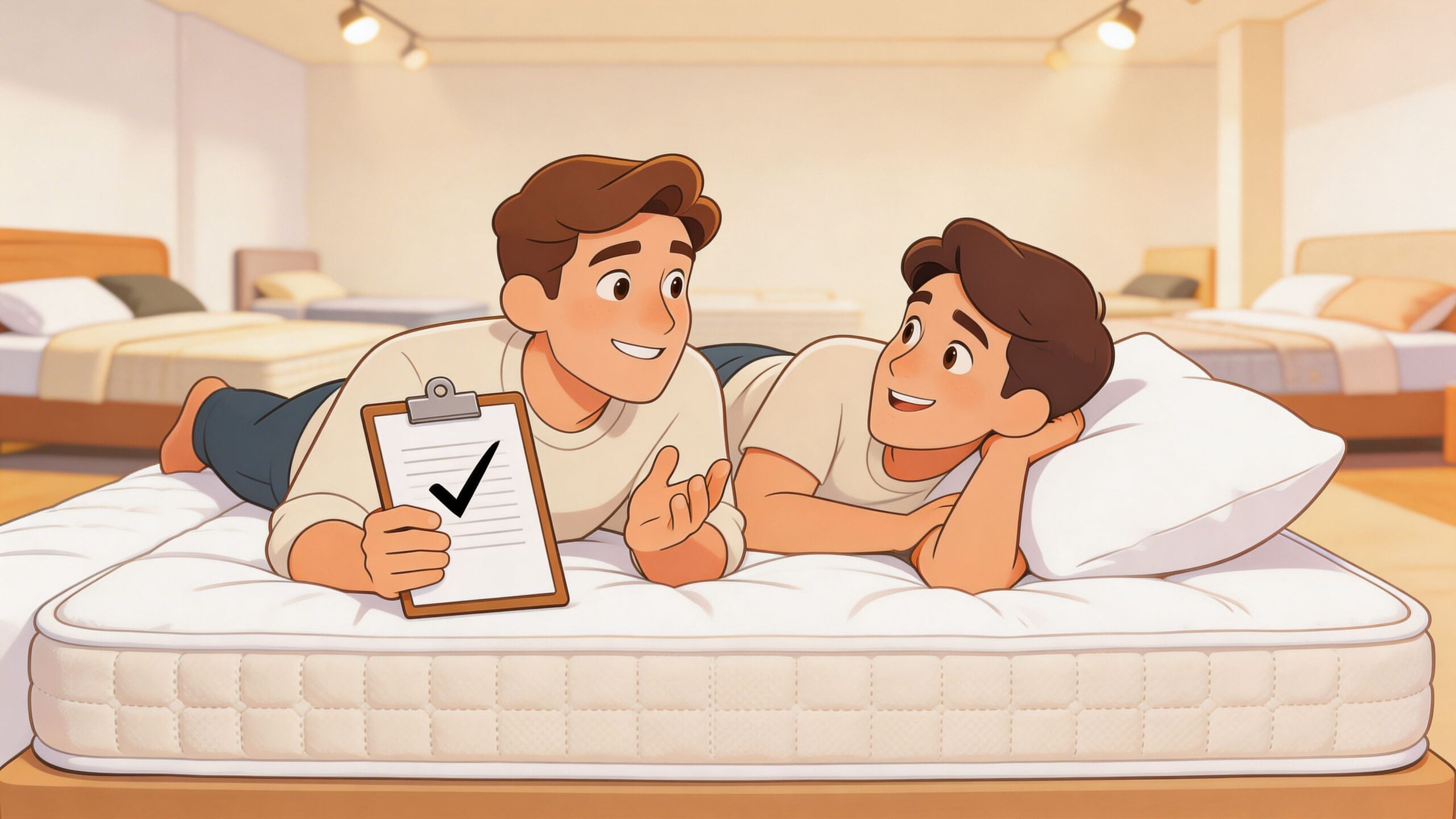 Two men lying on a comfortable mattress in a store, holding a checklist while choosing a bed.