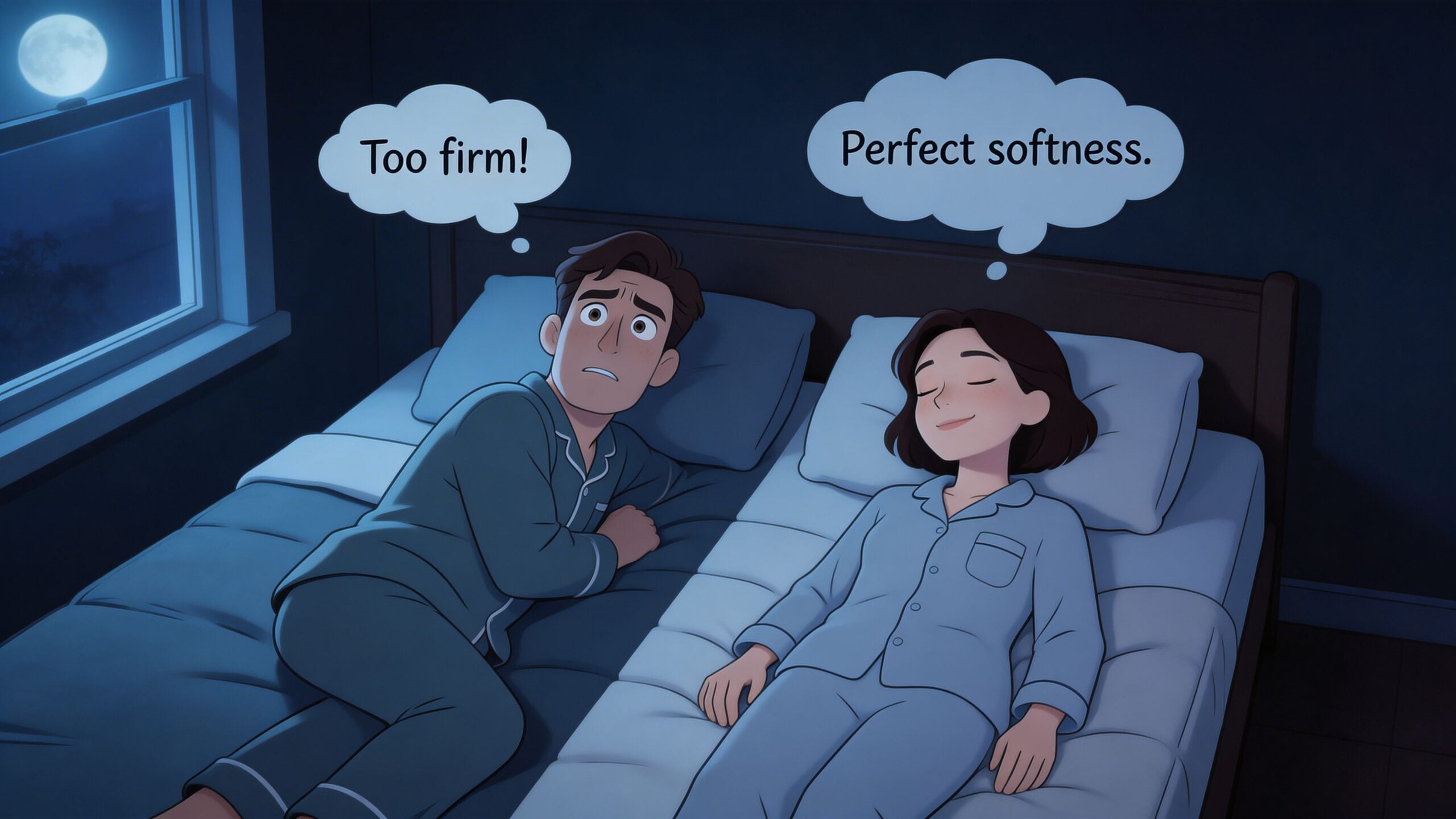 A man and woman in a bedroom sharing a split mattress with different comfort levels for each side.