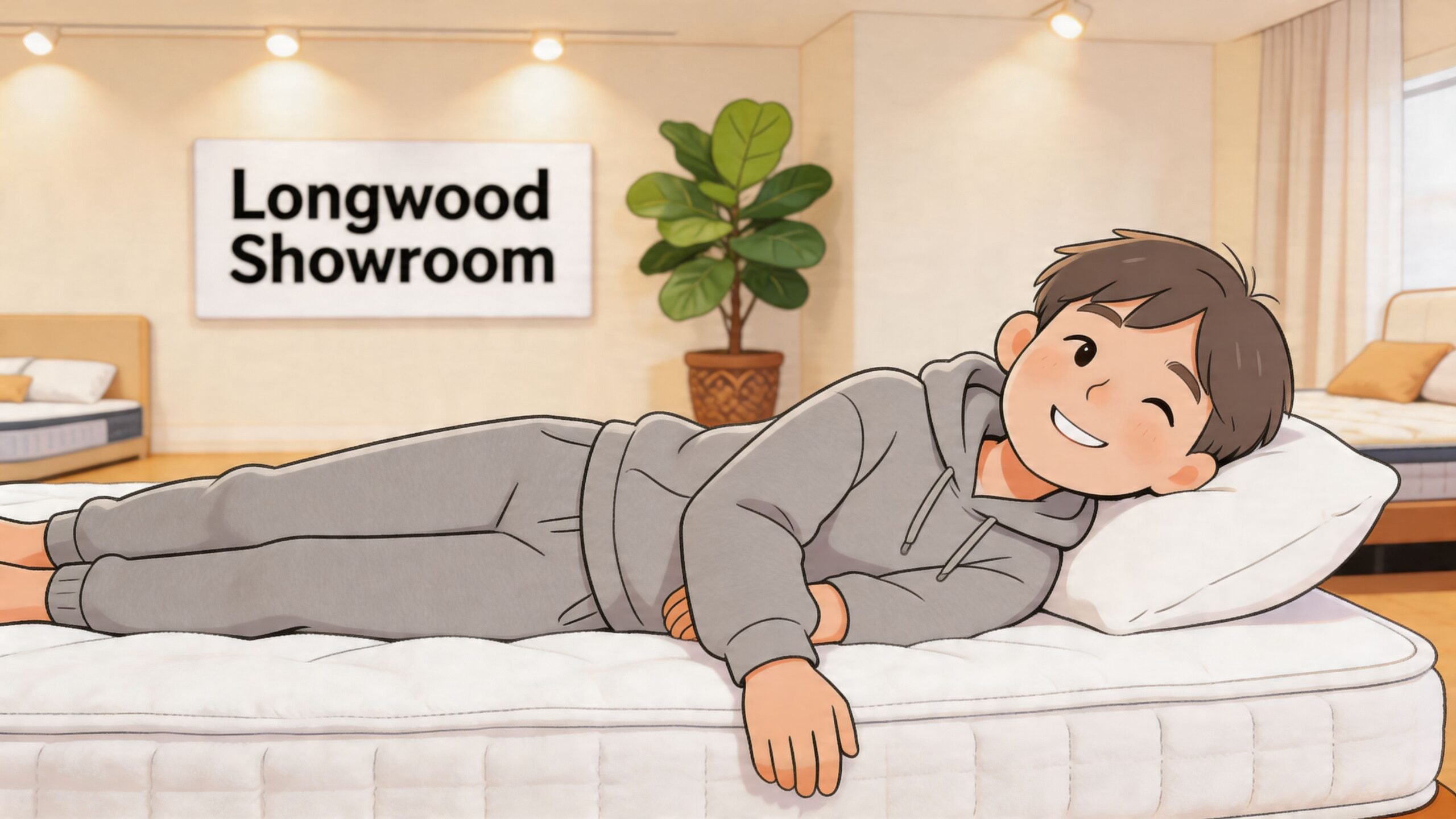 A smiling boy lies comfortably on a white mattress in a brightly lit showroom environment.