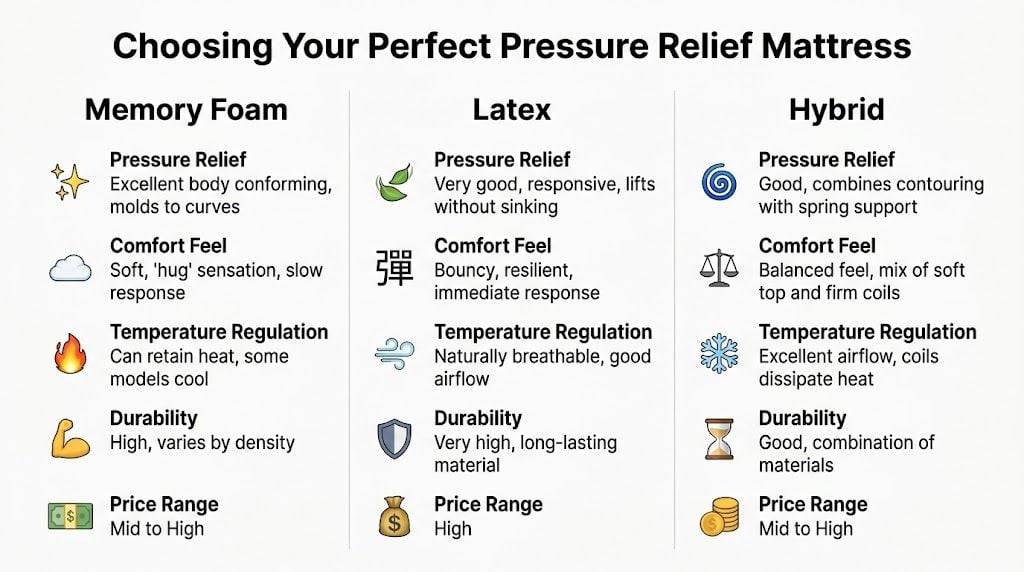 A comparison chart outlining the features of memory foam, latex, and hybrid mattresses for pressure relief.