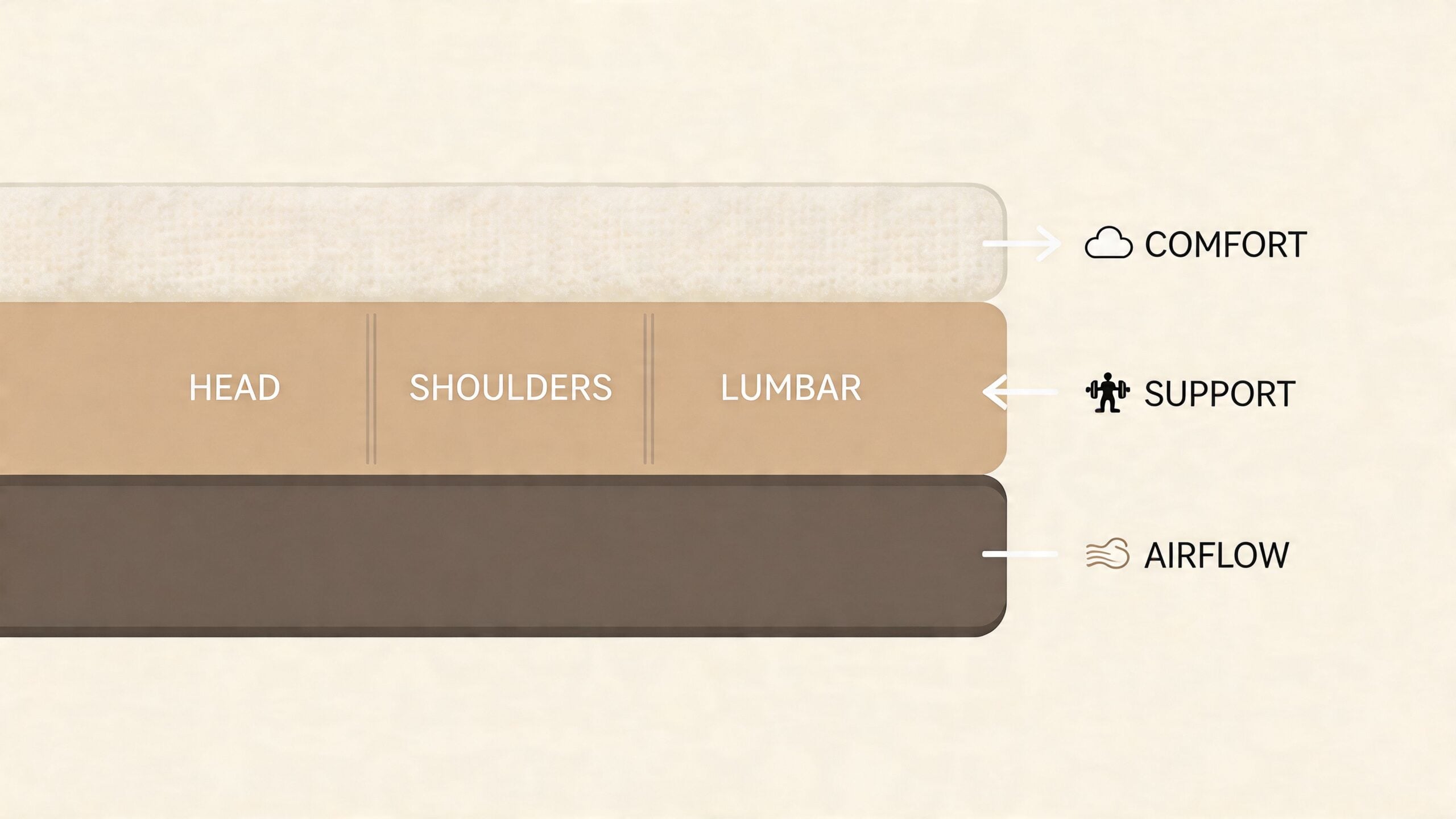 A diagram illustrating the three ergonomic layers of a mattress labeled comfort, support, and airflow.
