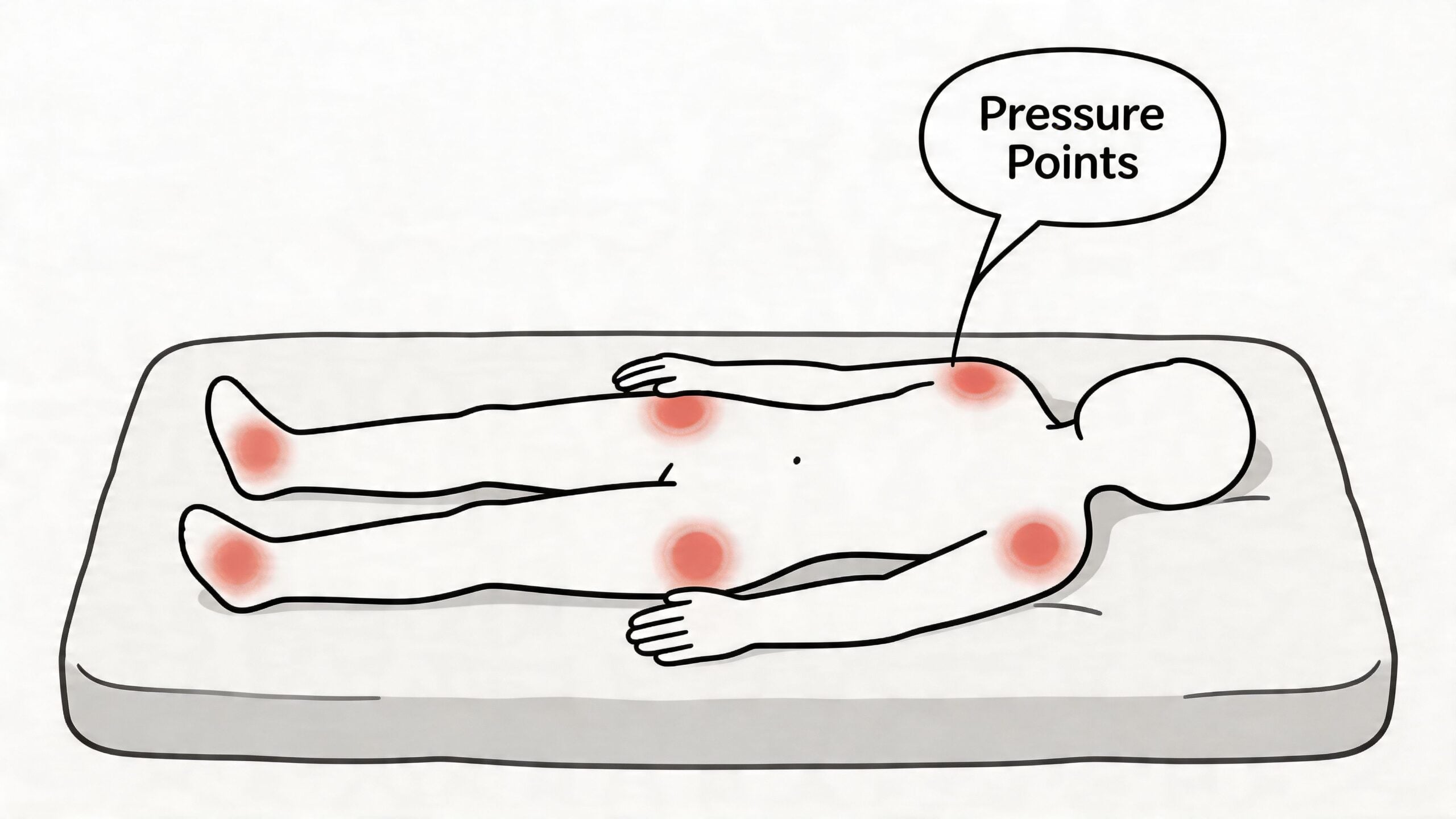 A simple illustration showing common pressure points on a human body lying on a mattress.