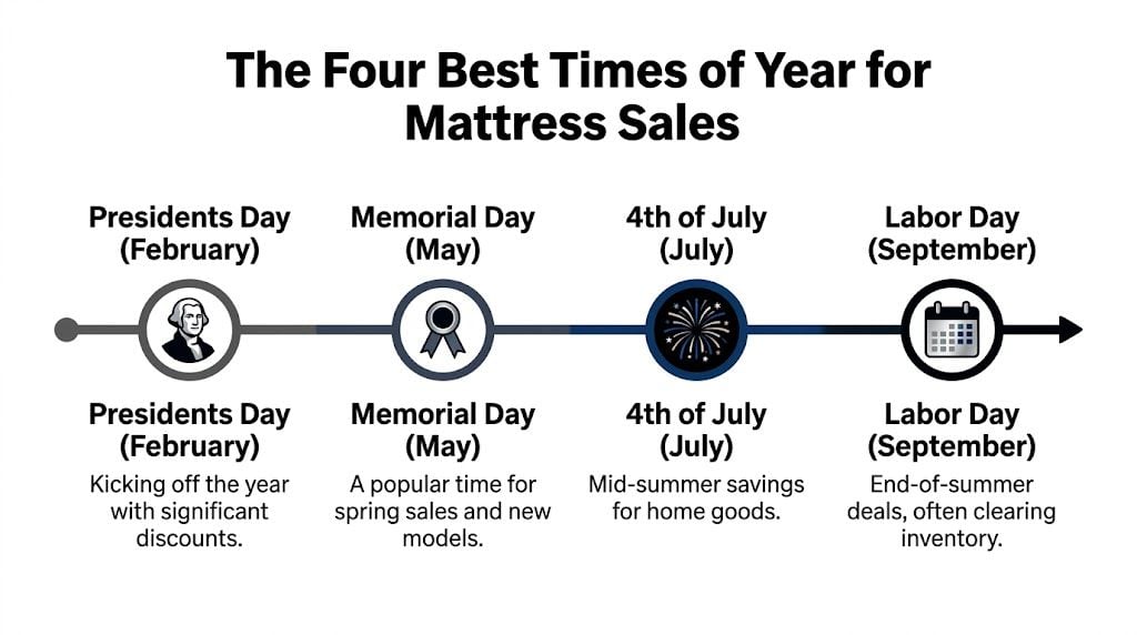A timeline graphic showing the four best times of year to buy a mattress including major holidays.