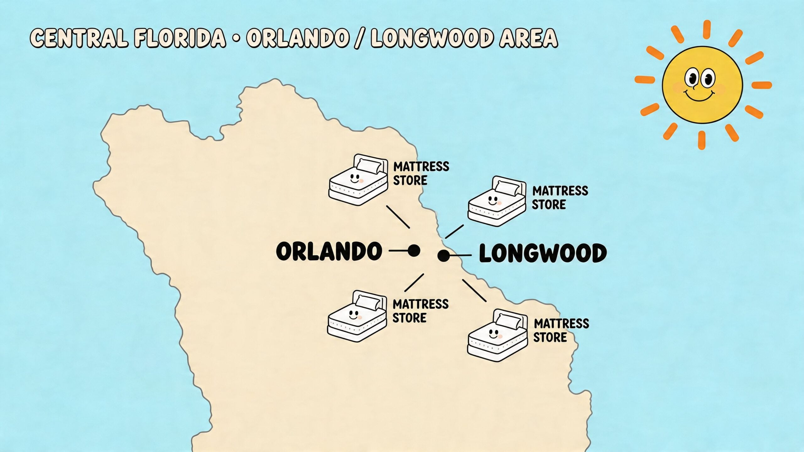 A map illustration of the Orlando and Longwood area in Central Florida featuring several mattress store locations.