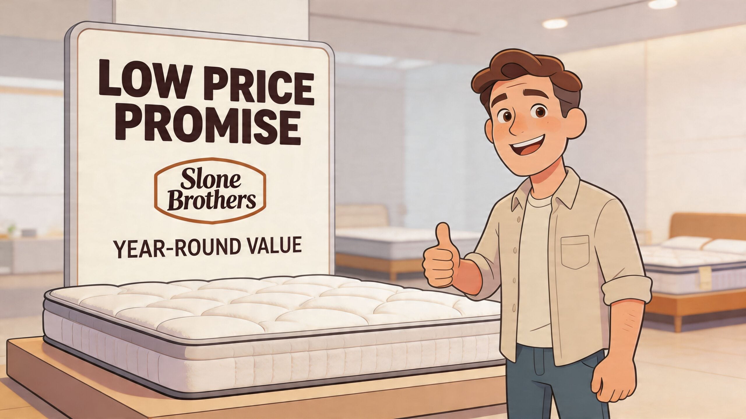 A friendly salesman gesturing towards a mattress in a store with a sign about low price guarantees.