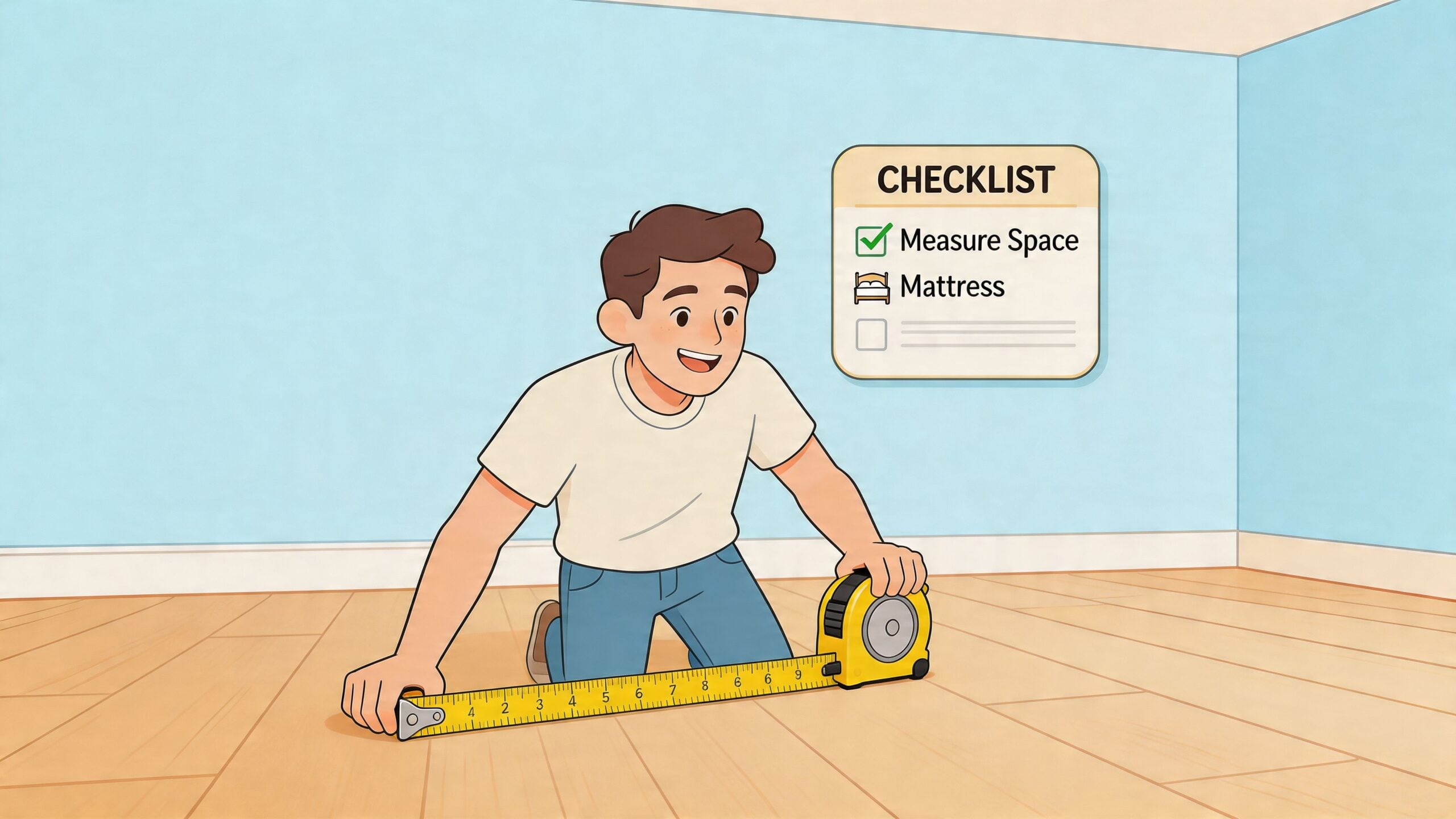 A young man kneeling on a wooden floor, using a tape measure to measure the room dimensions.