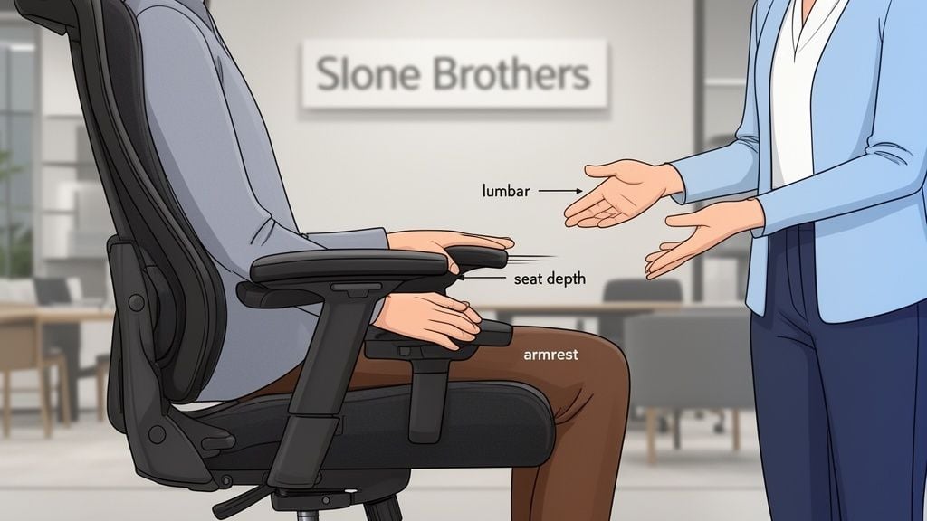 A person demonstrating the adjustable lumbar, seat depth, and armrest features of an ergonomic office chair.