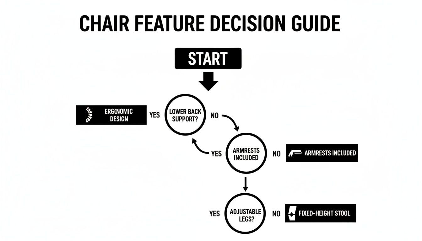 A flowchart decision guide for chair features, including lower back support, armrests, and adjustable legs.
