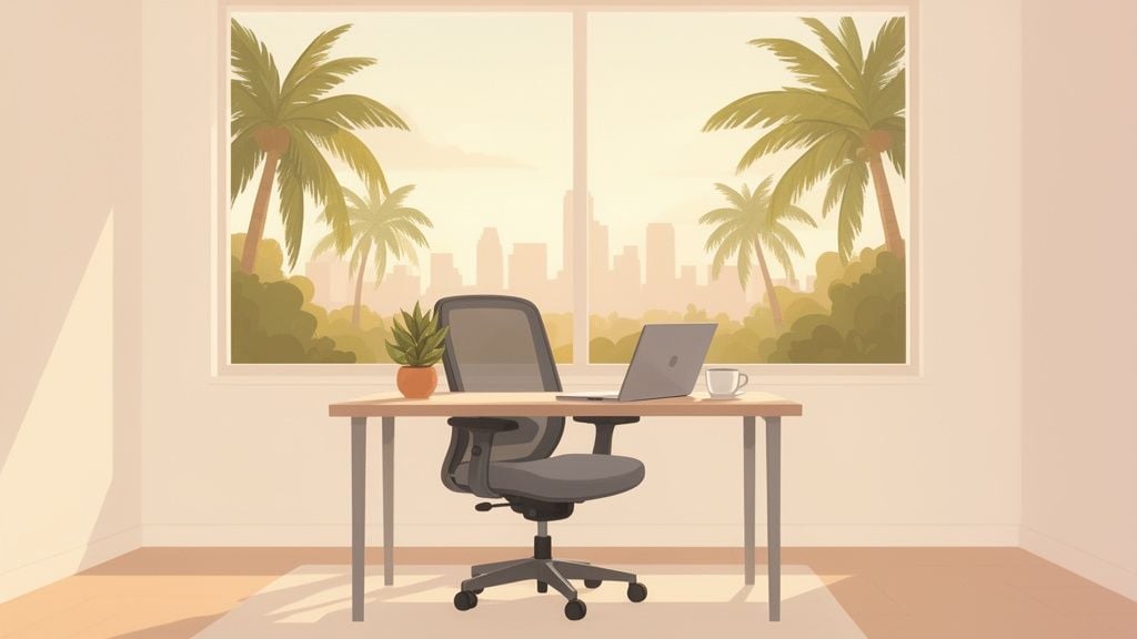 A sunny home office with an ergonomic chair, laptop, plant, and cityscape view.