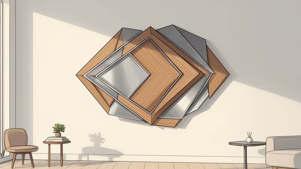 A modern living room features a large, geometric wooden and metallic sculpture mounted on a clean white wall.