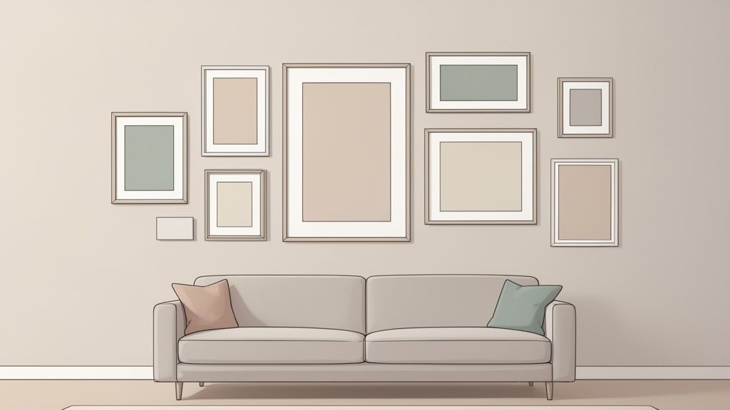A minimalist living room featuring a comfortable light beige sofa beneath a gallery wall of framed art.