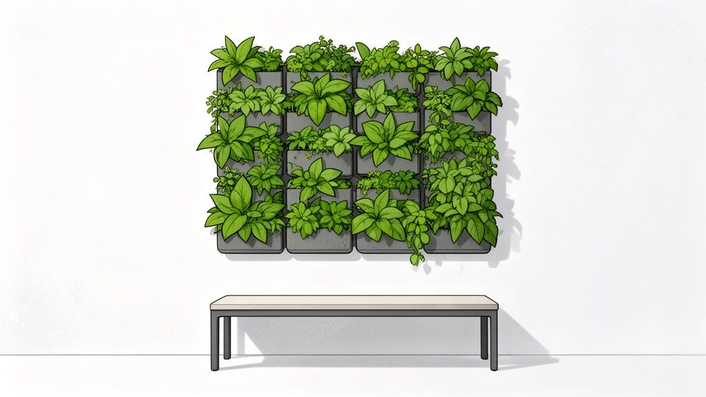 A modern indoor vertical garden with lush green plants mounted on a white wall above a bench.