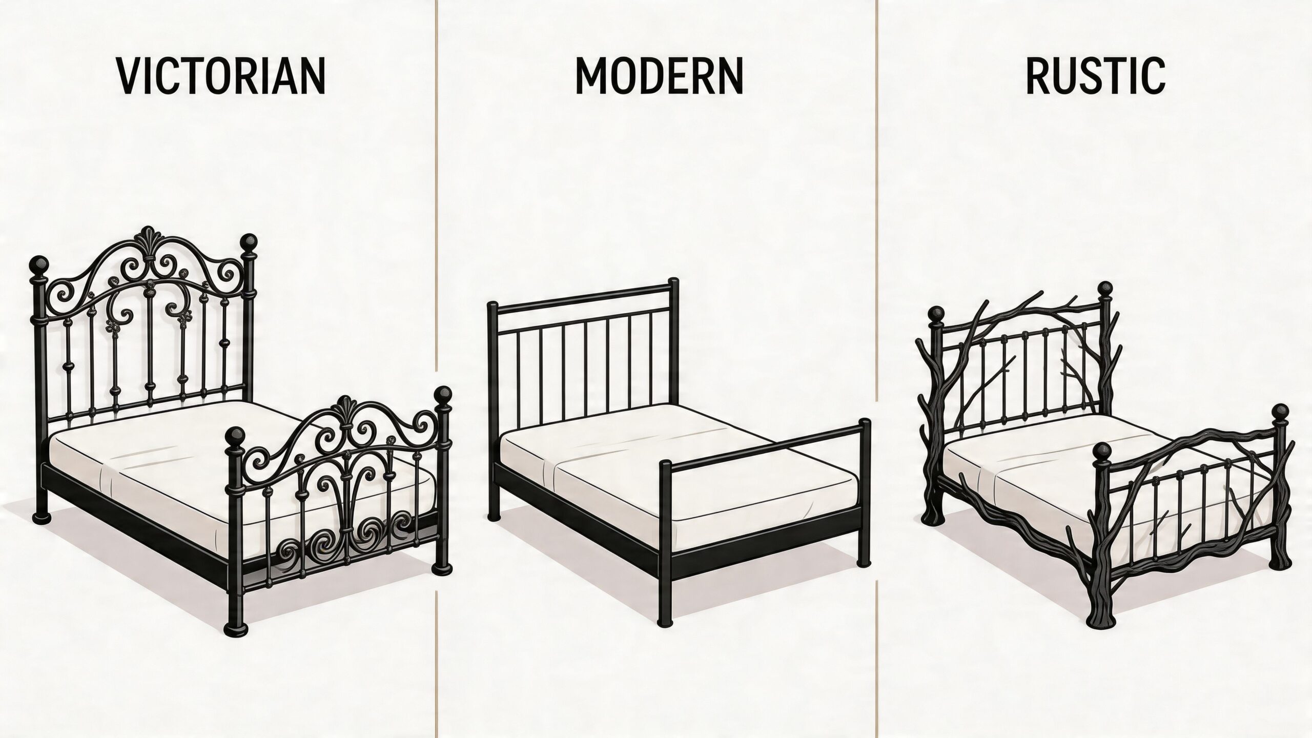 A side-by-side comparison of three black iron bed frame styles labeled Victorian, Modern, and Rustic.