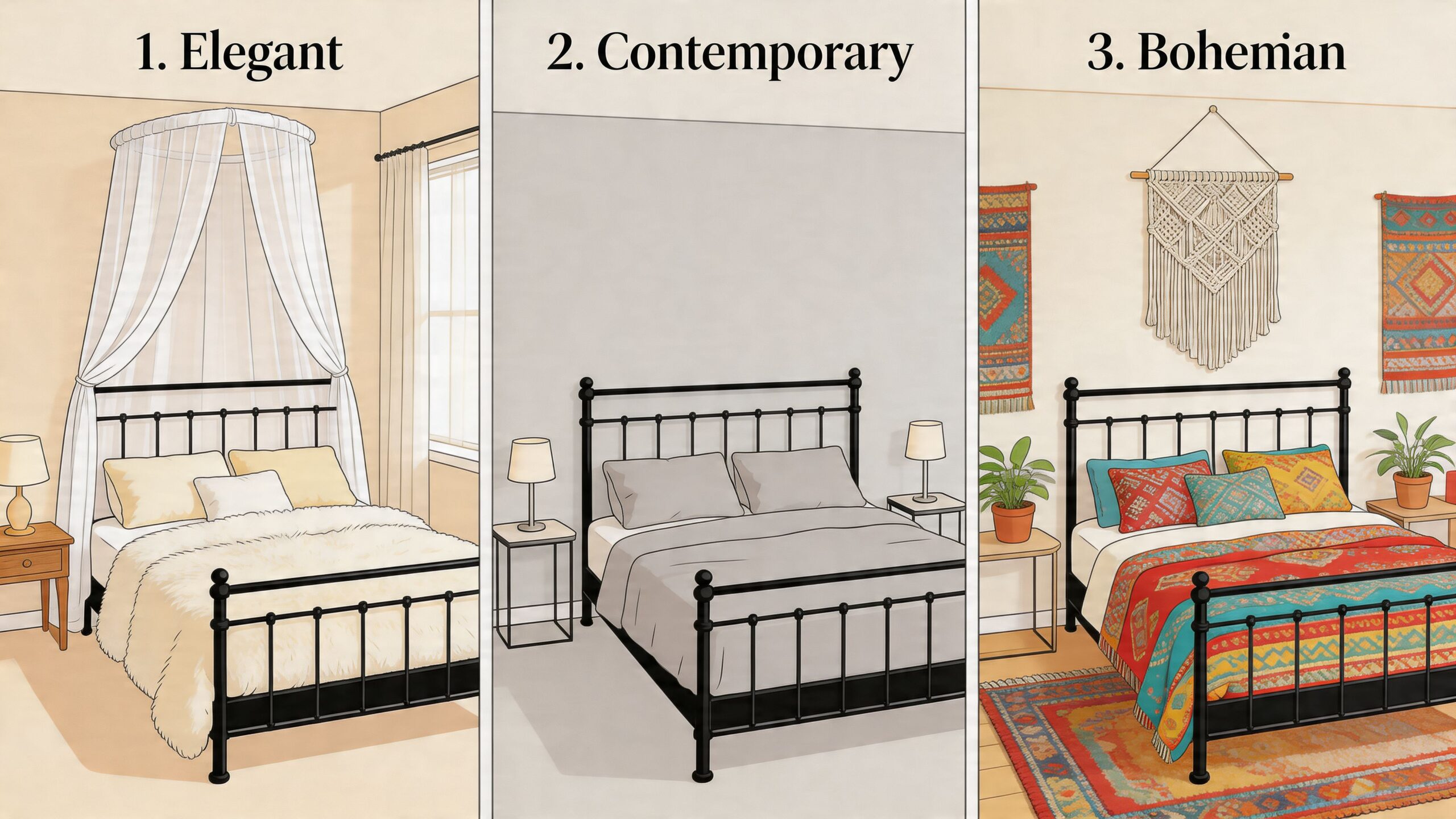 A design comparison showing three different bedroom styles featuring a classic black iron bed frame.