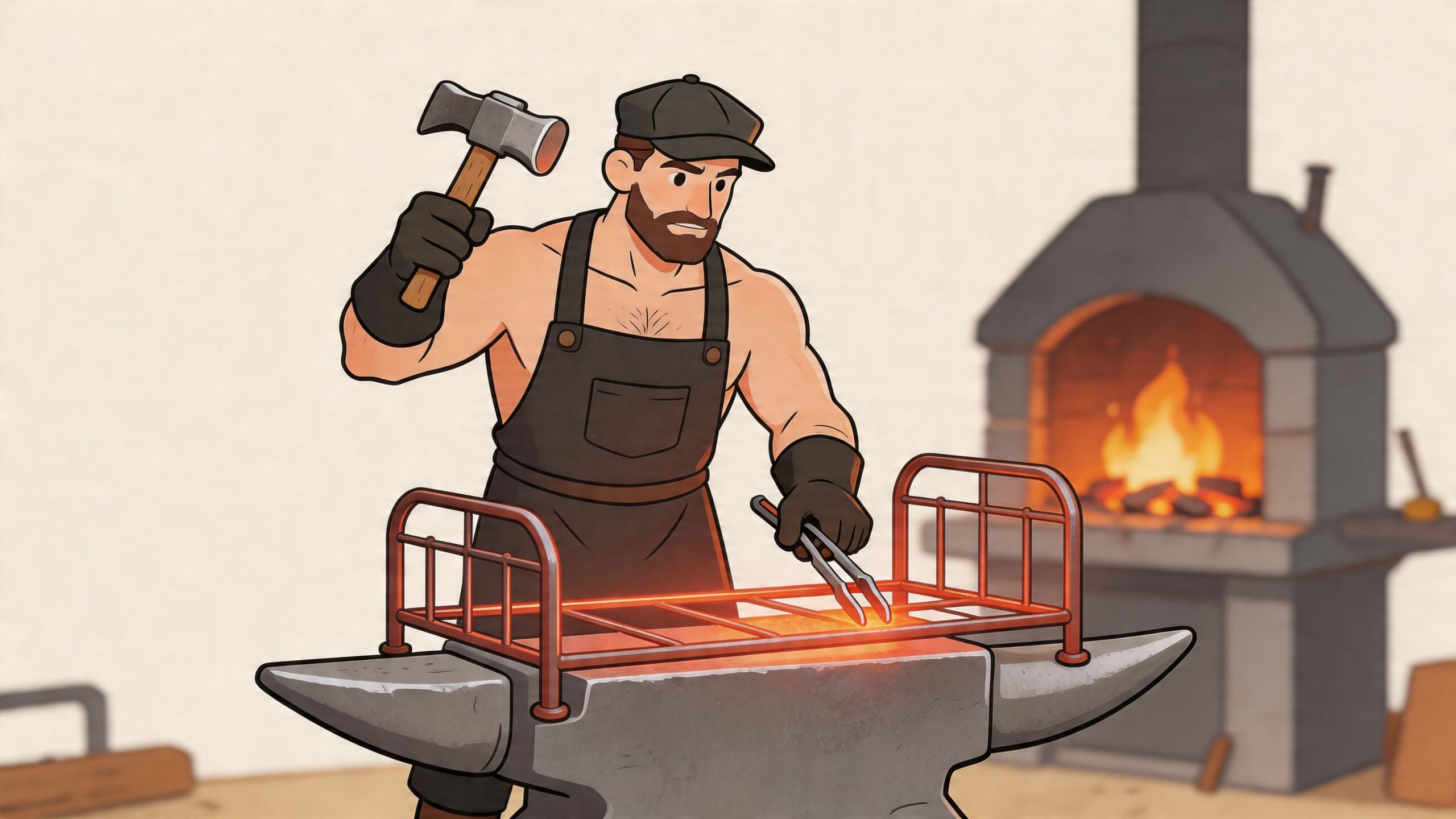 A muscular blacksmith wearing an apron and cap hammers a glowing red metal bed frame on an anvil.