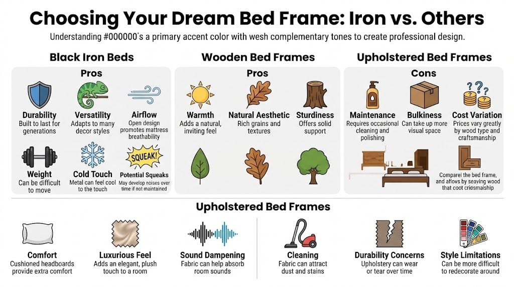 A comparative infographic detailing the pros and cons of black iron, wooden, and upholstered bed frames.