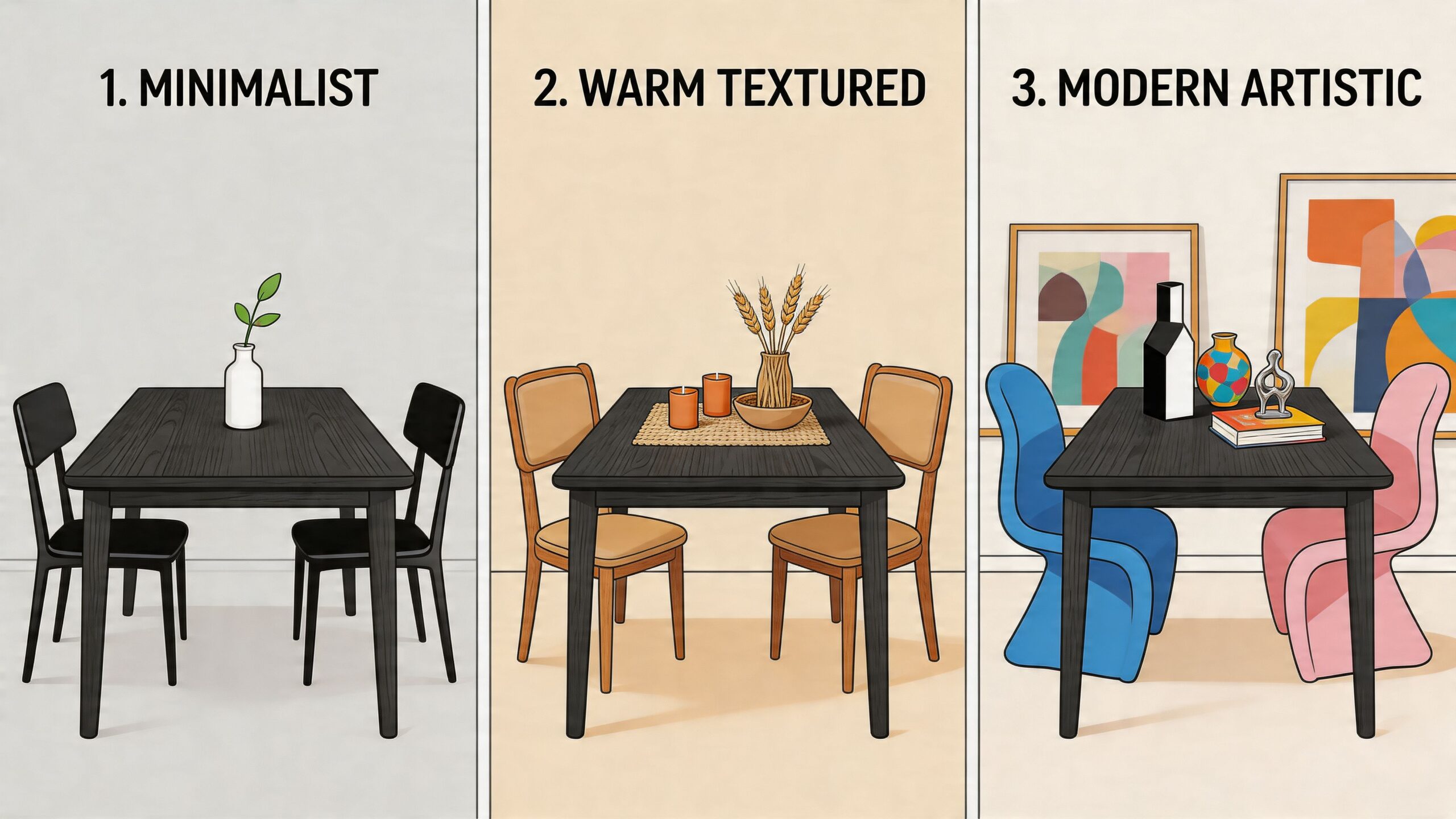 Three different interior design styles featuring the same black oak dining table in various room settings.