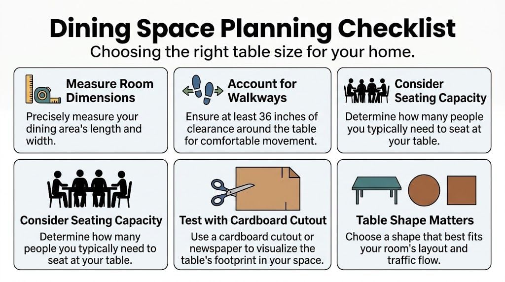 A helpful dining space planning checklist guide for choosing the correct dining table size and shape.