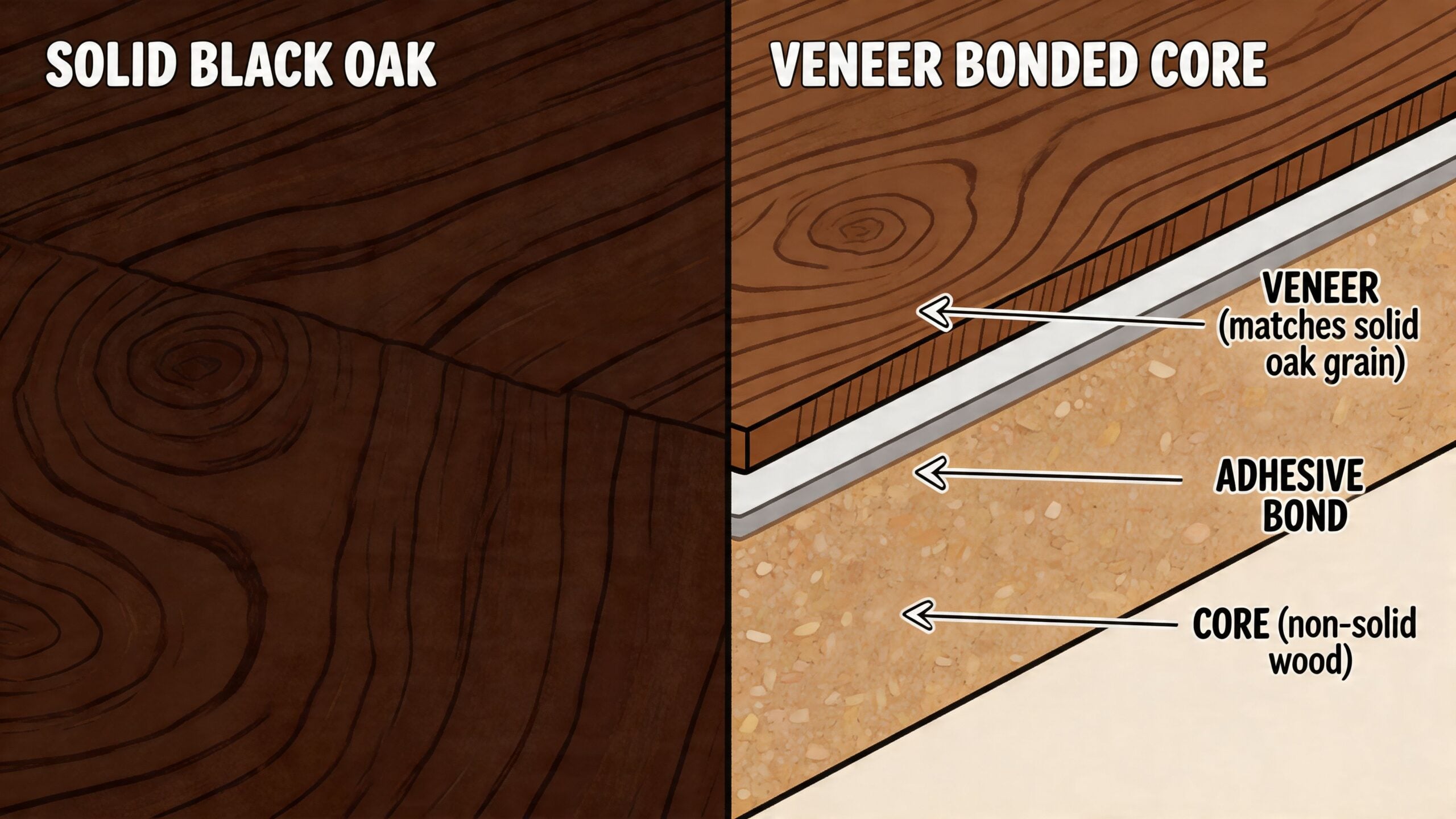 A comparison illustration showing the cross-section difference between a solid black oak board and veneer bonded core.