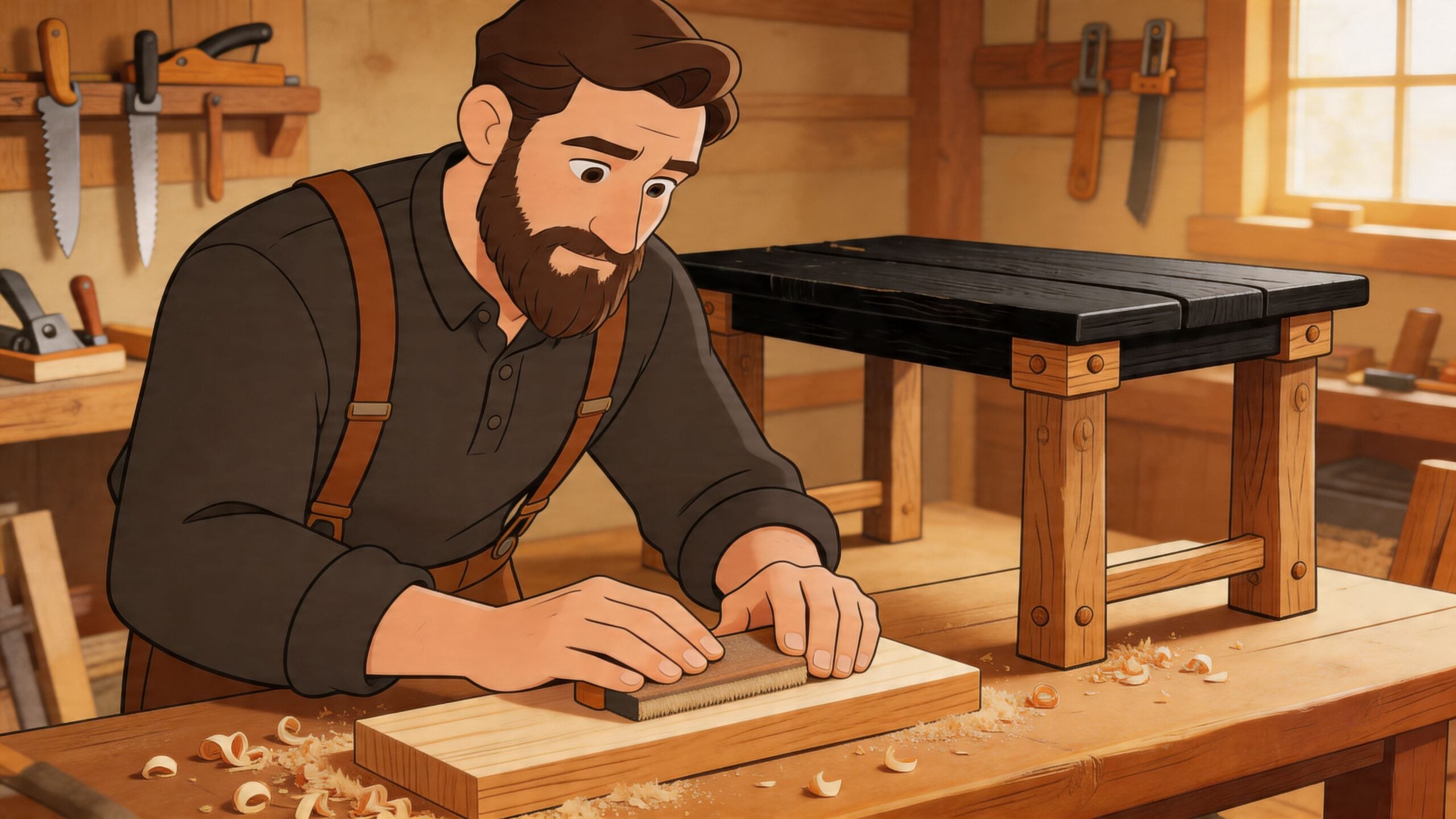 A bearded woodworker in a workshop sanding a wooden plank next to a finished black oak dining table.